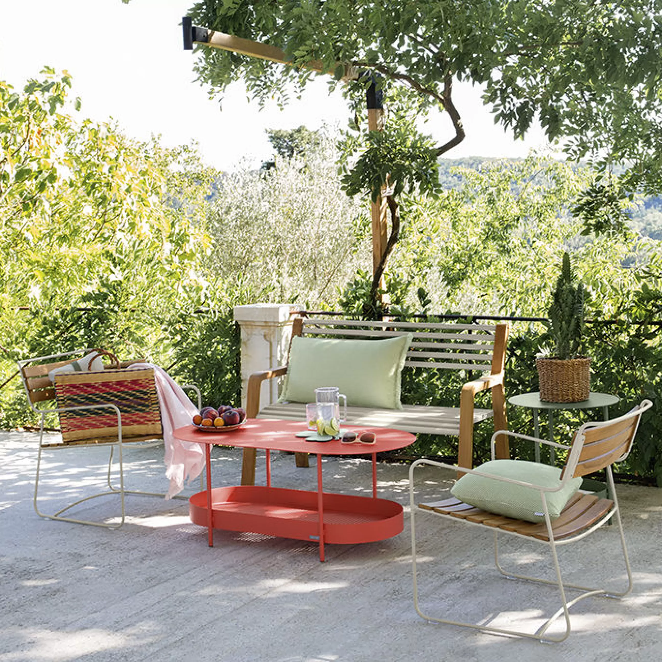 Bancs De Jardin>Fermob Banc Avec Dossier Somerset Metal Gris Bois Naturel / L 122 Cm - Gris Lapilli - Teck Naturel