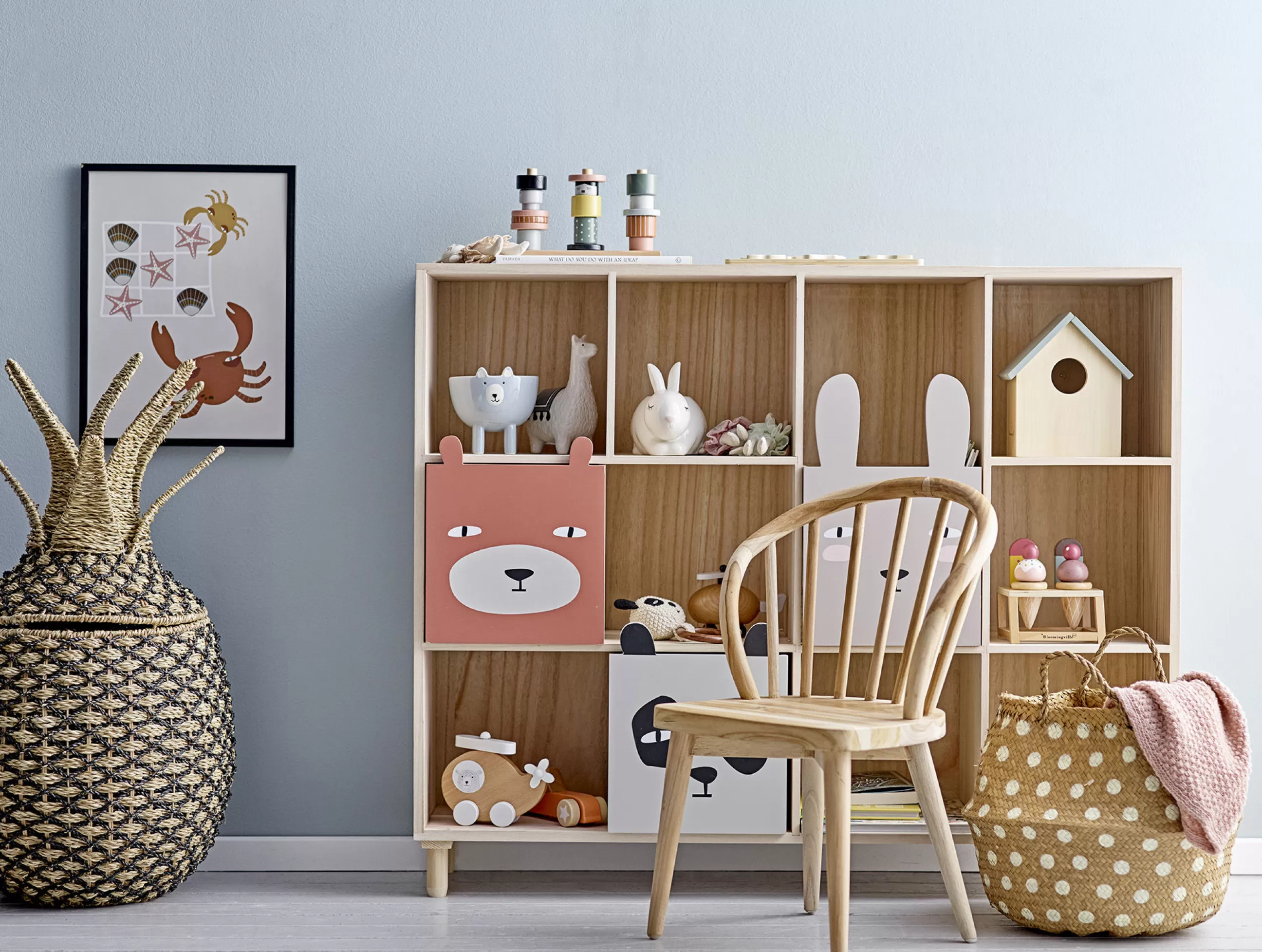 Mobilier Kids>Bloomingville Bibliotheque Animaux Bois Multicolore / 3 Tiroirs - L 107 X H 94 Cm - Blanc - Bois Naturel - Gris - Terracotta