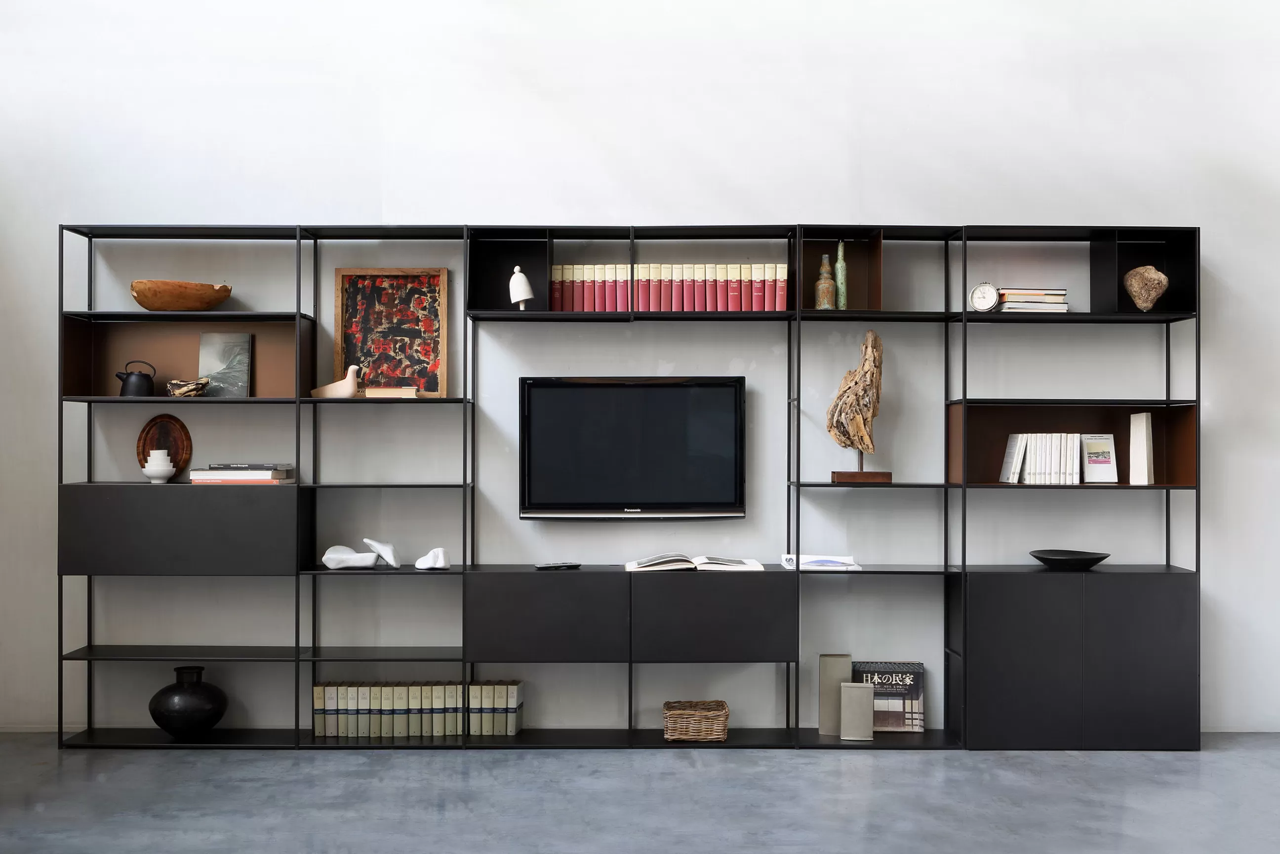 Meubles Tv>Zeus Bibliotheque Easy Irony Tv Metal Noir /Compo G - L 352 X H 226 Cm - Noir Cuivre Sable