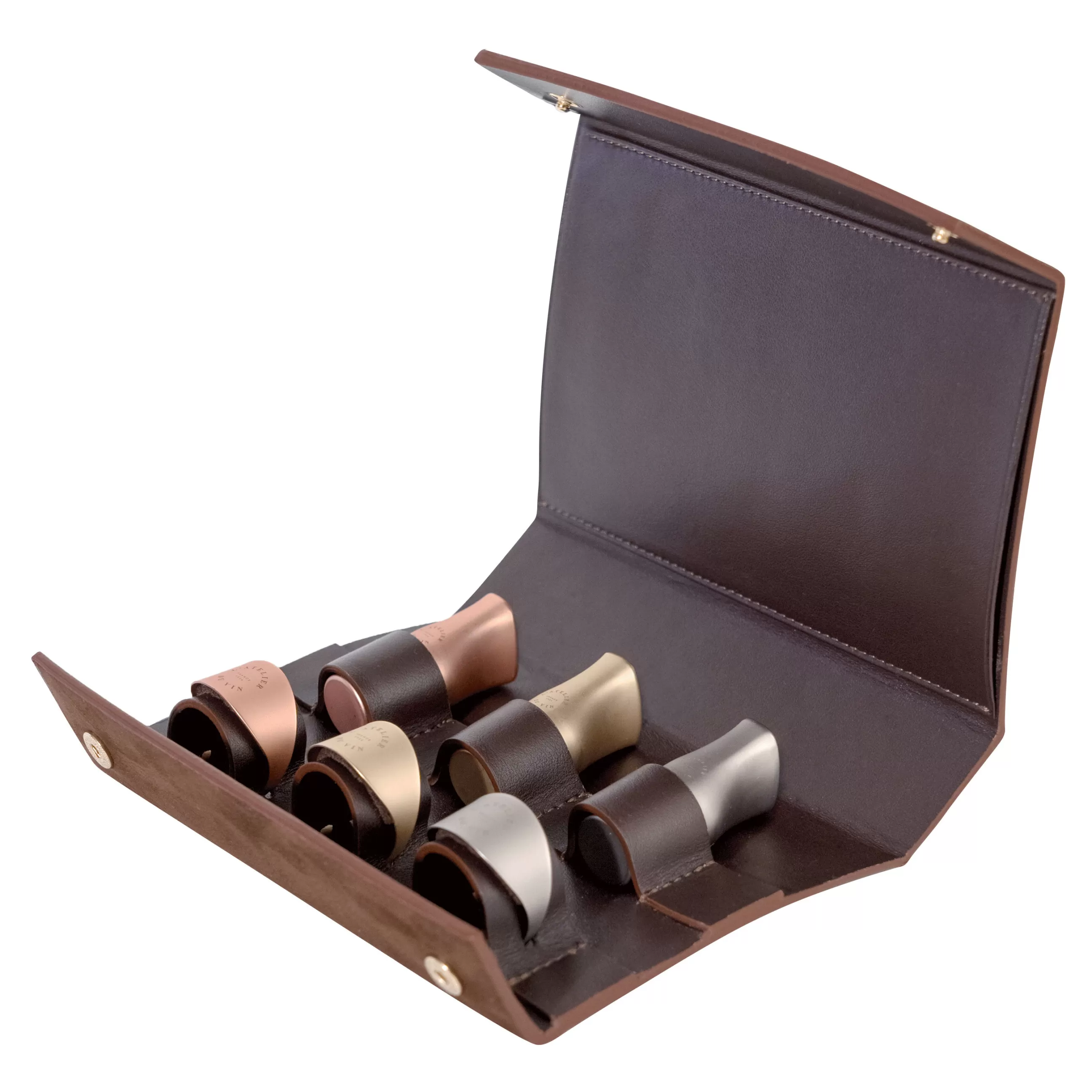 Autour Du Vin>L'Atelier du Vin Bouchon Les Bijoux Marron Metal / 3 Bouchons Conservation + 3 Anneaux Anti-Goutte Dans Etui Cuir - Argent - Or - Rose