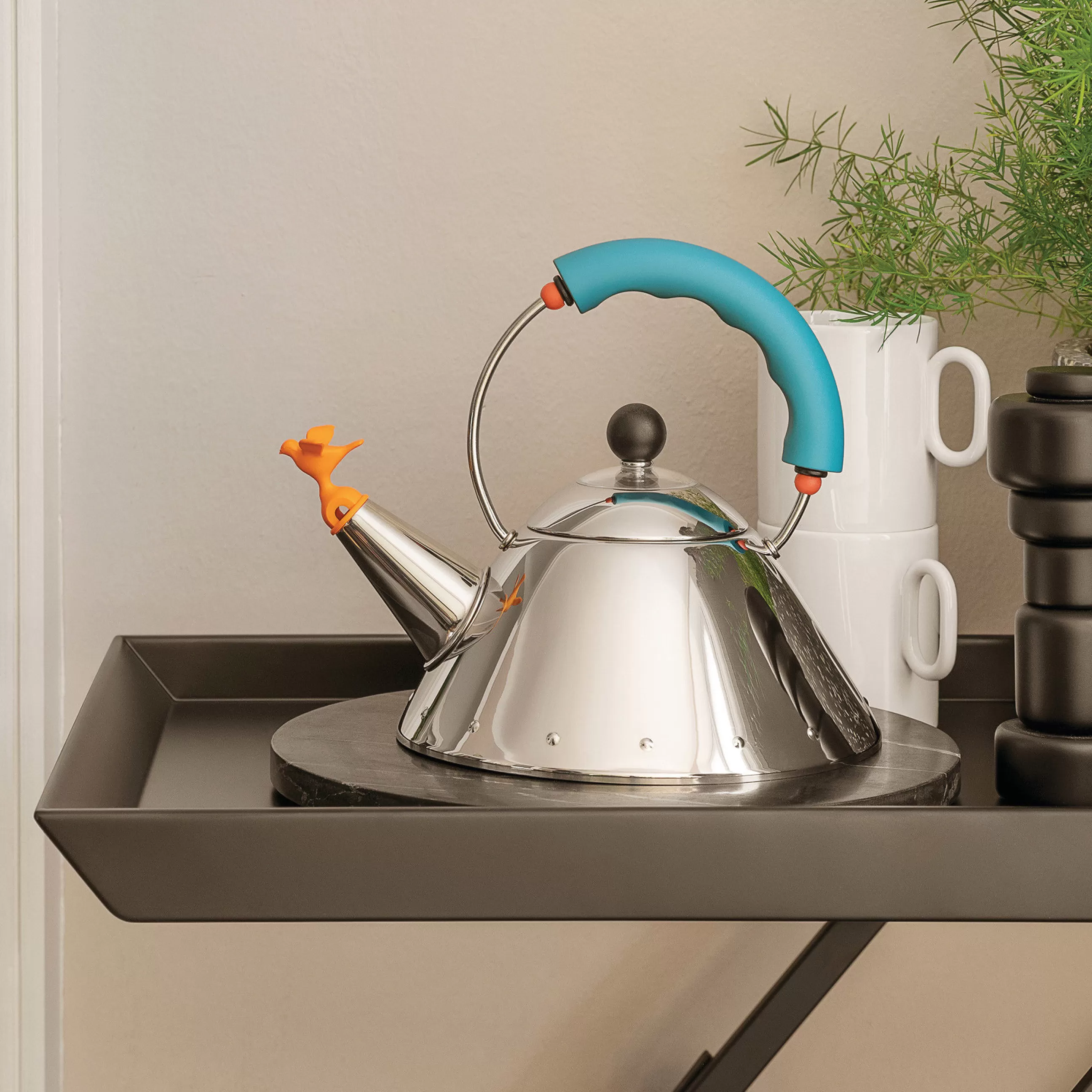 Theieres Et Bouilloires>Alessi Bouilloire 9093 - Oisillon Mini Metal Bleu / Michael Graves, 1986 - 1 Litre /Induction - Bleu - Orange