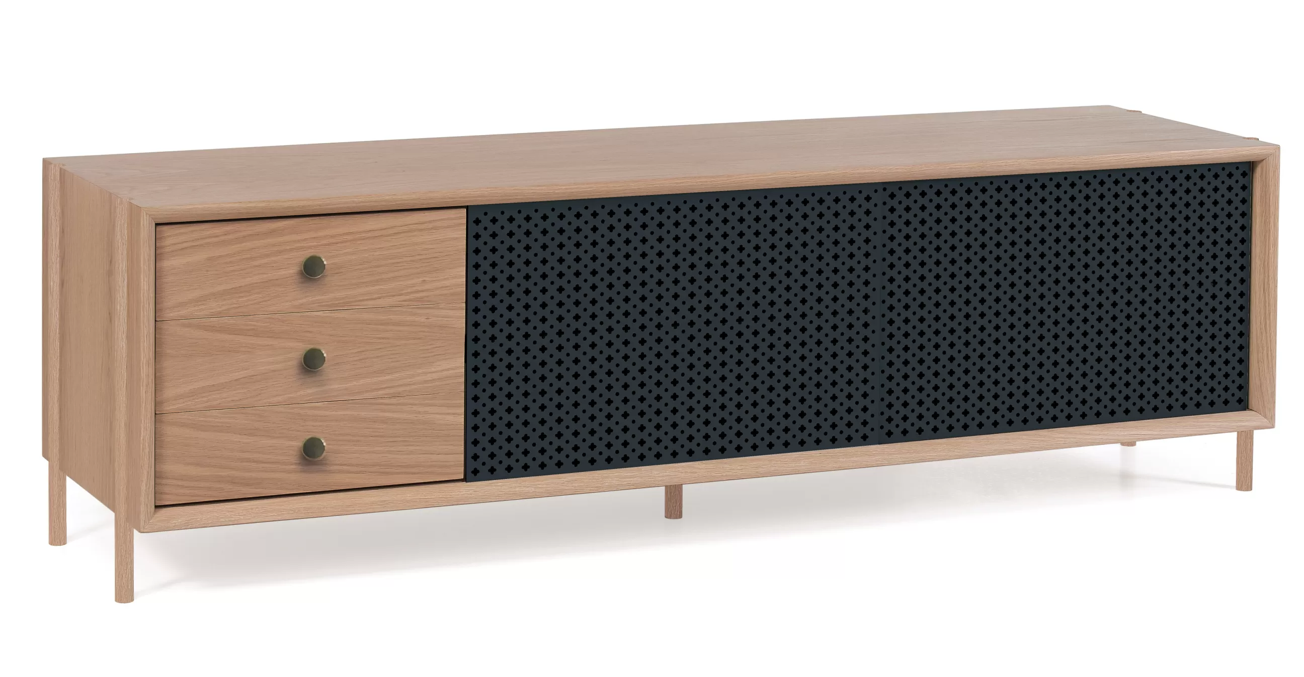 Meubles Tv>Harto Buffet Gabin Metal Gris Bois Naturel / Meuble Tv - 3 Tiroirs - L 162 Cm - Chene Naturel - Gris Ardoise - Laiton