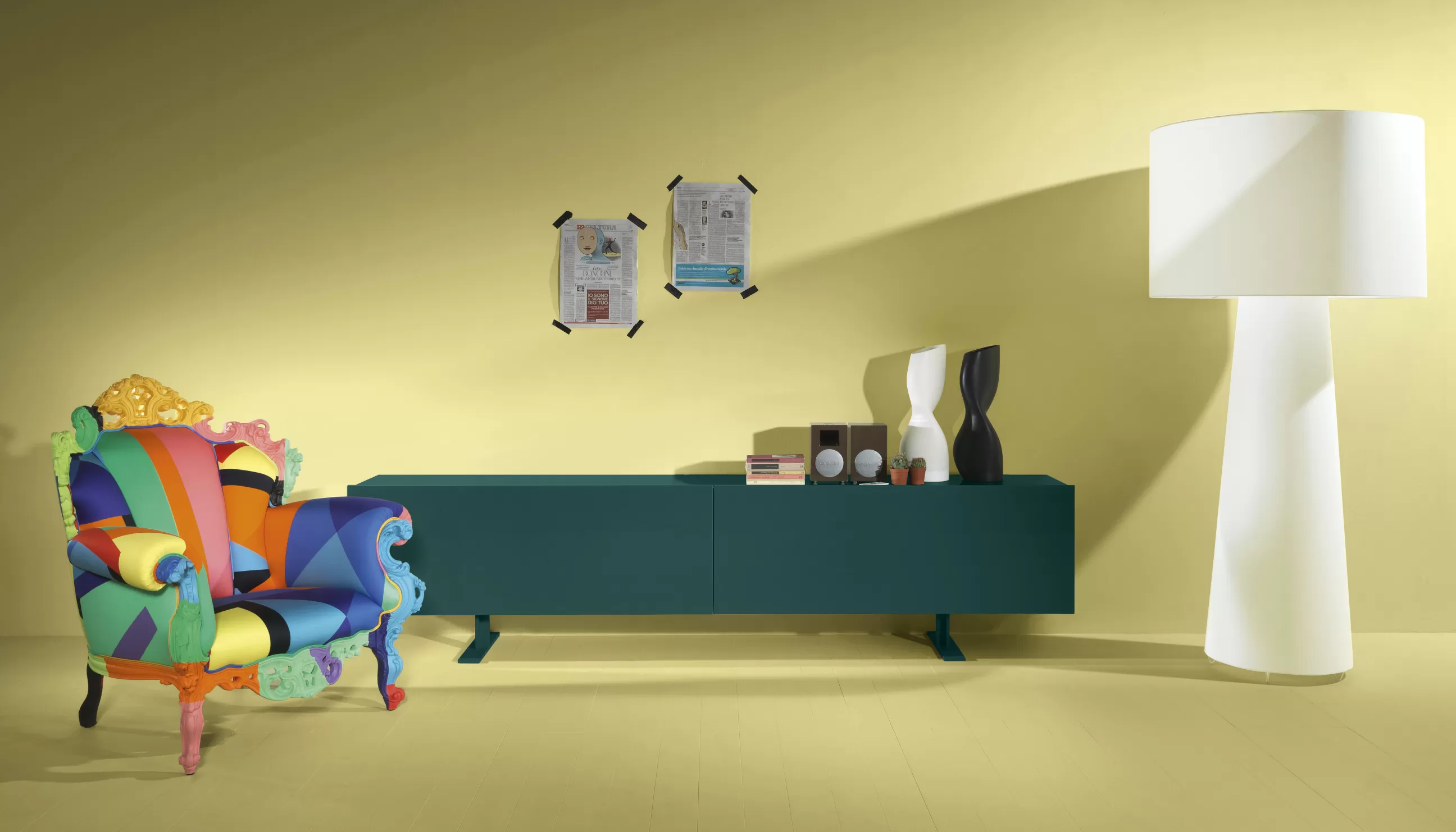 Commodes Buffets Armoires>Cappellini Buffet Luxor Metal Bois Bleu / 2 Portes Coulissantes - L 270 X H 66 Cm - Bleu Inde