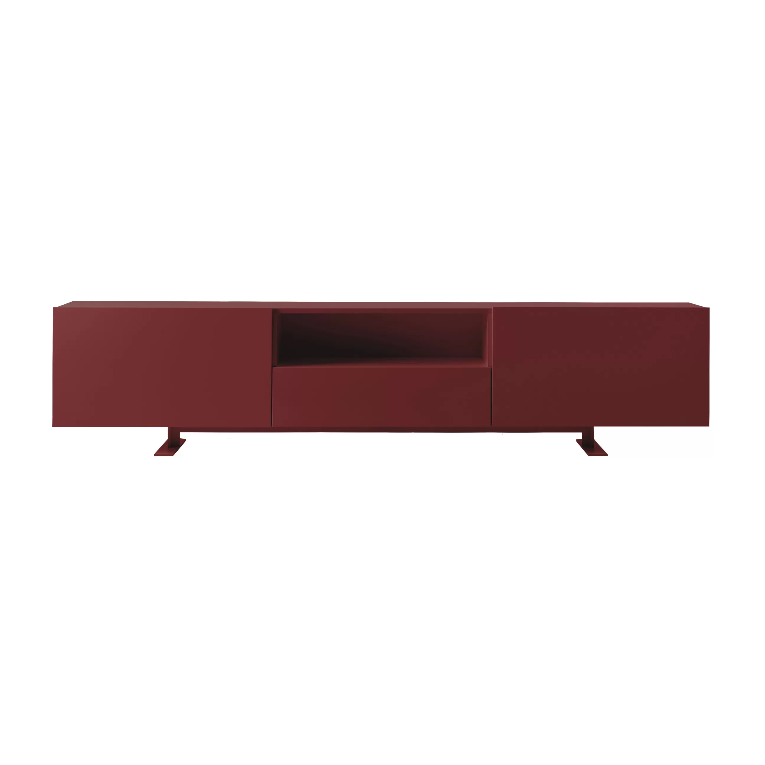 Commodes Buffets Armoires>Cappellini Buffet Luxor Metal Bois Rouge Violet / 2 Portes, Niche Ouverte & Tiroir - L 270 X H 66 Cm - Bordeaux