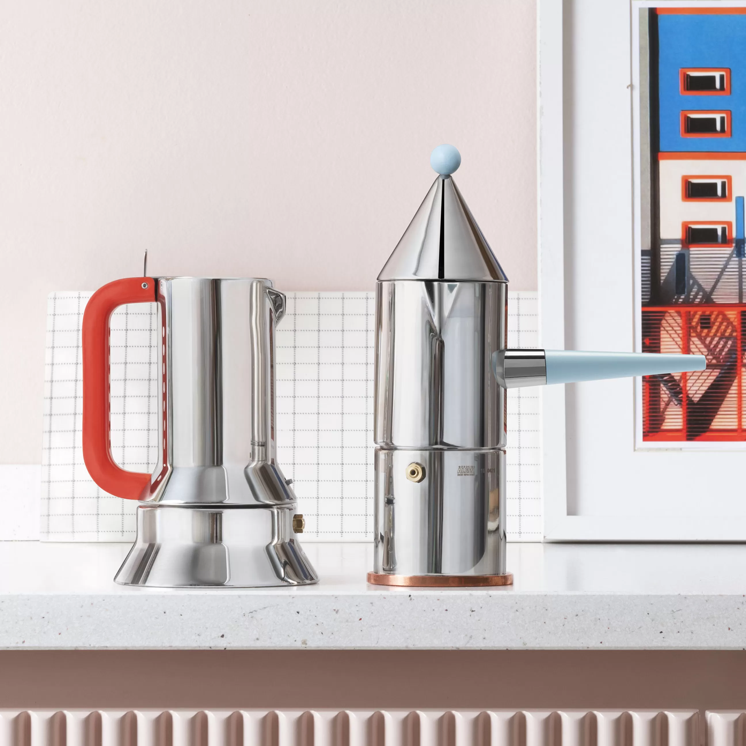 Terrasses Et Balcons>Alessi Cafetiere Italienne La Conica, Poignee Longue (1984) Metal / 3 Tasses - Sauf Induction / 100 Values Collection - Acier - Bleu Pale