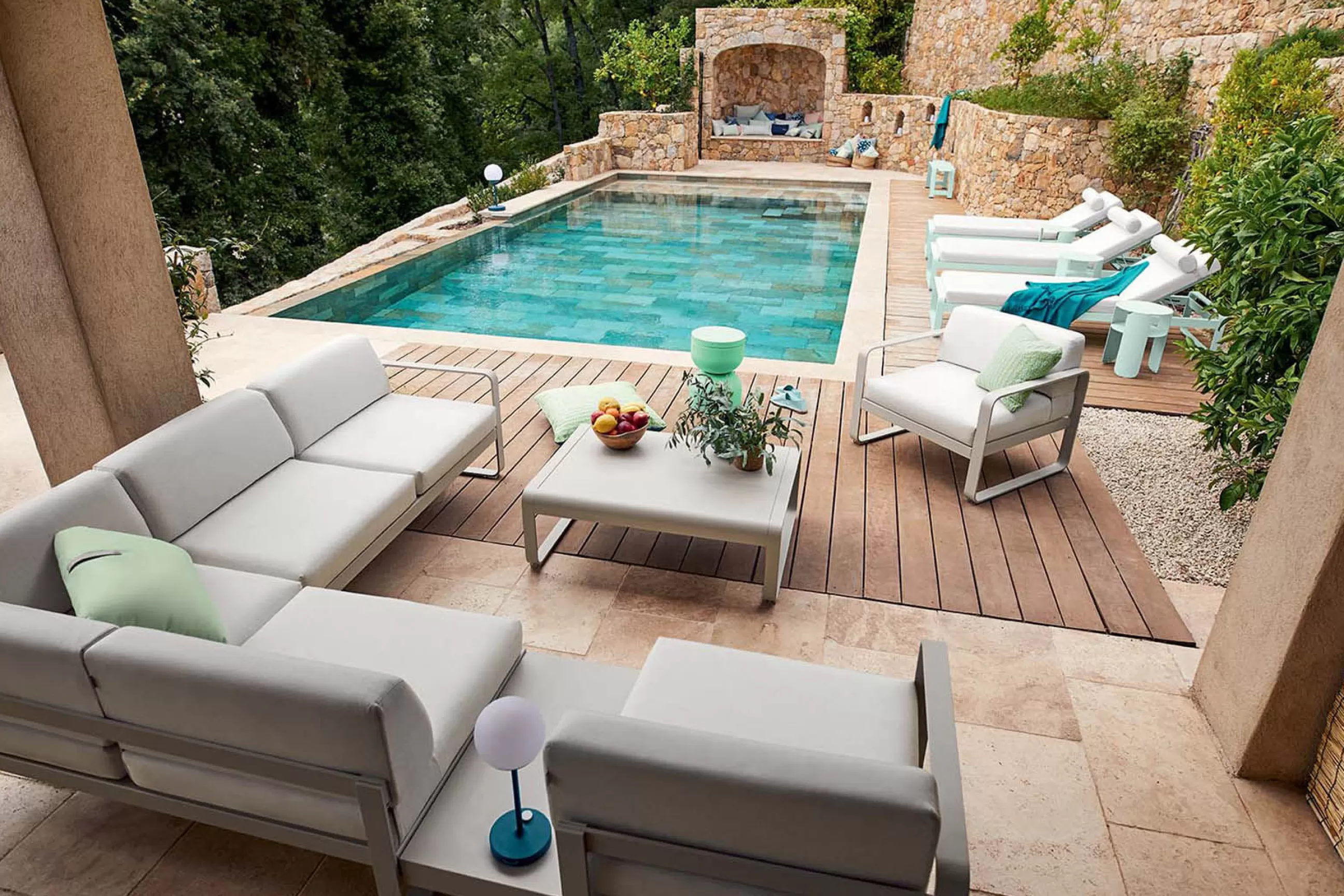Canapés De Jardin>Fermob Canape D'Angle De Jardin Bellevie Metal Tissu Blanc / N° 2 A - 229 X 235 Cm - Tissu Blanc Grise - Blanc Grise - Carbone