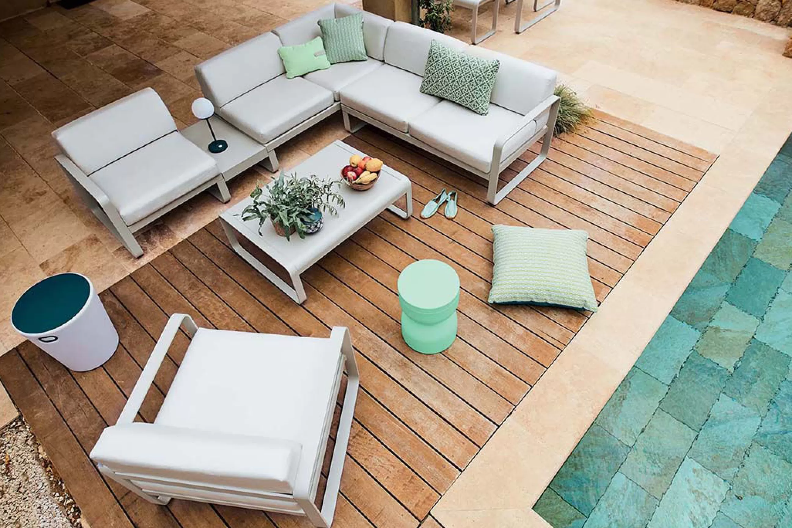 Canapés De Jardin>Fermob Canape D'Angle De Jardin Bellevie Metal Tissu Blanc / N° 2 A - 229 X 235 Cm - Tissu Blanc Grise - Blanc Grise - Carbone