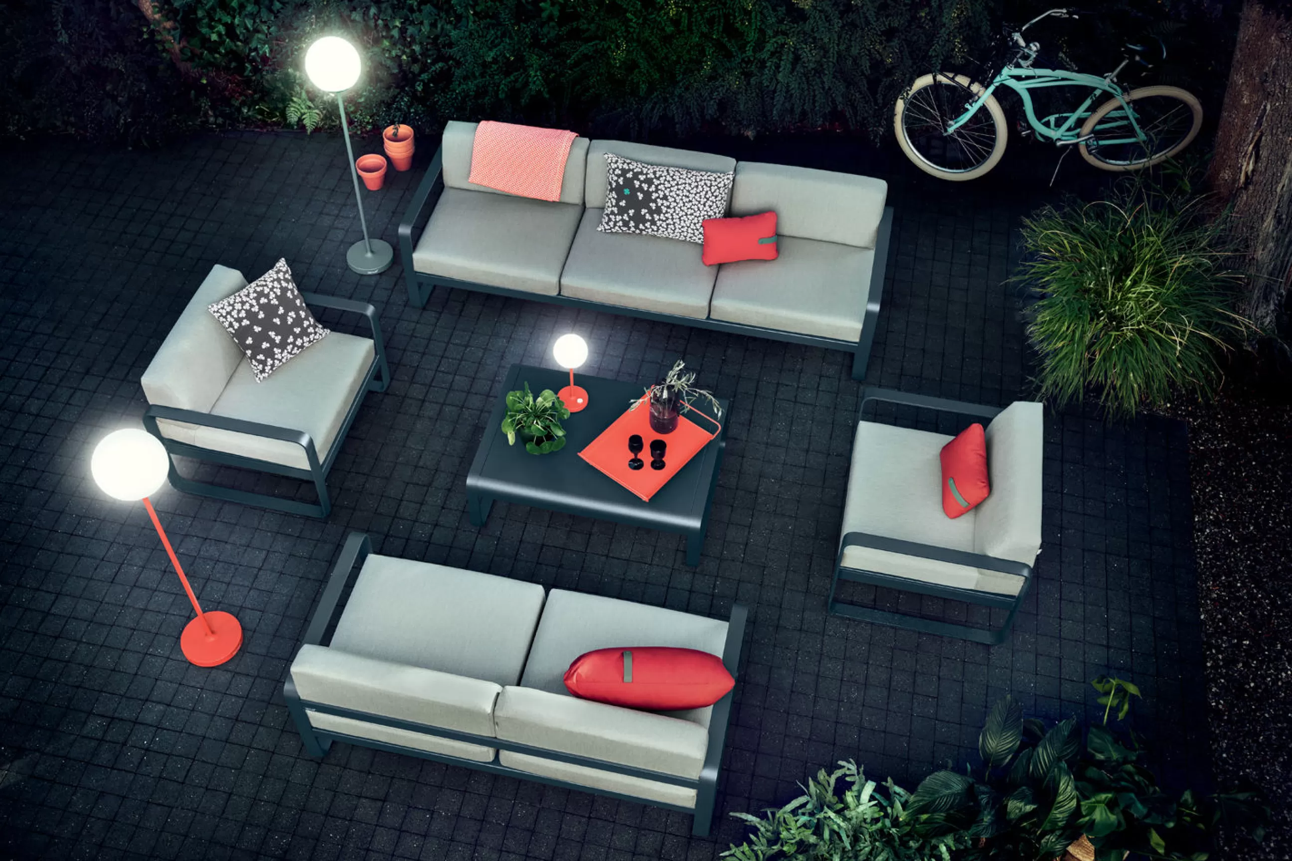 Canapés De Jardin>Fermob Canape De Jardin 2 Places Bellevie Metal Tissu Rouge Gris L 160 Cm - Tissu Gris Flanelle - Cerise Noire - Gris Flanelle