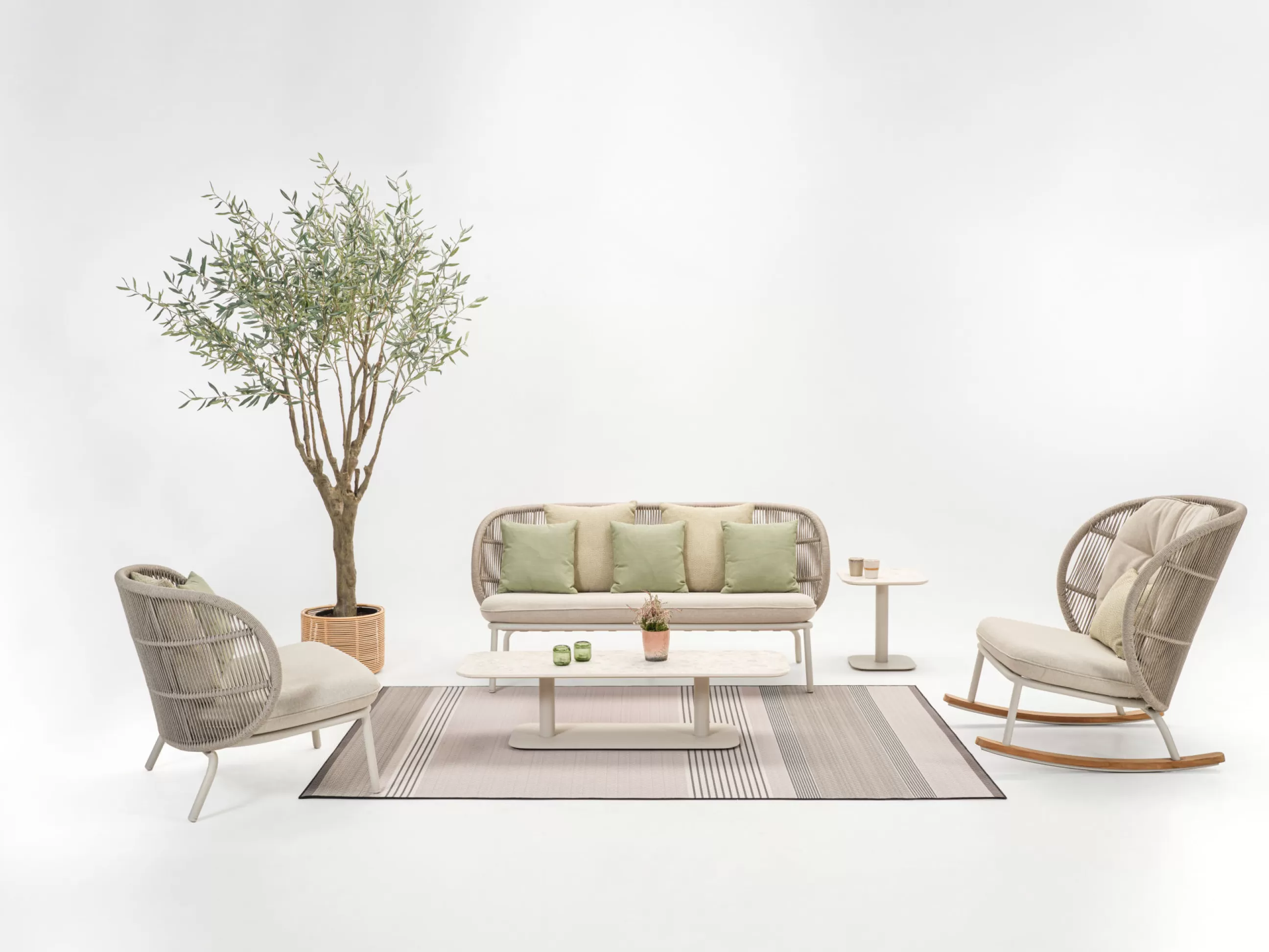 Canapés De Jardin>Vincent Sheppard Canape De Jardin 2 Places Kodo Lounge Plastique Tissu Blanc Multicolore / Corde Acrylique Tressee Main - L 165 Cm - Beige - Blanc Dune - Jaune Kiwi - Vert Olive