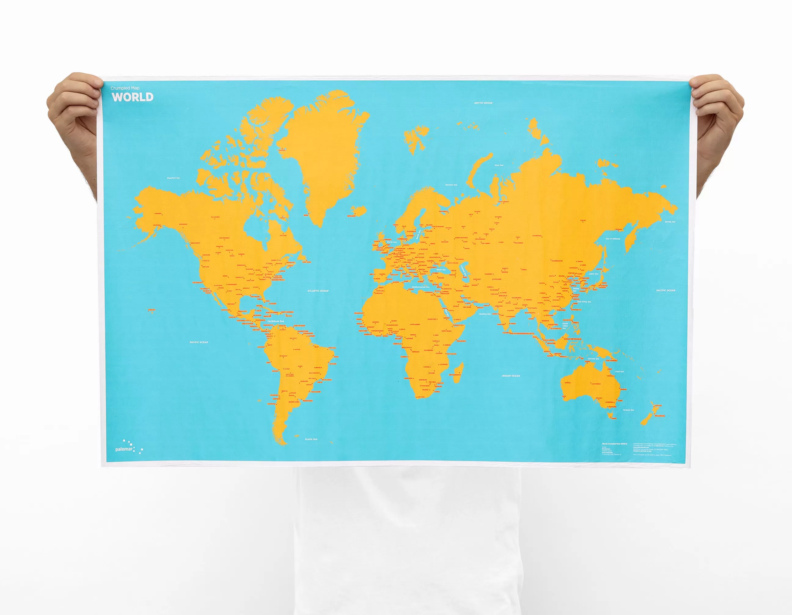 Jeux Et Loisirs>Palomar Carte Du Monde A Personnaliser Crumpled World By Cities Papier Multicolore / Noms De Villes - Feutre Effacable Inclus - 87 X 58 Cm - Bleu - Jaune