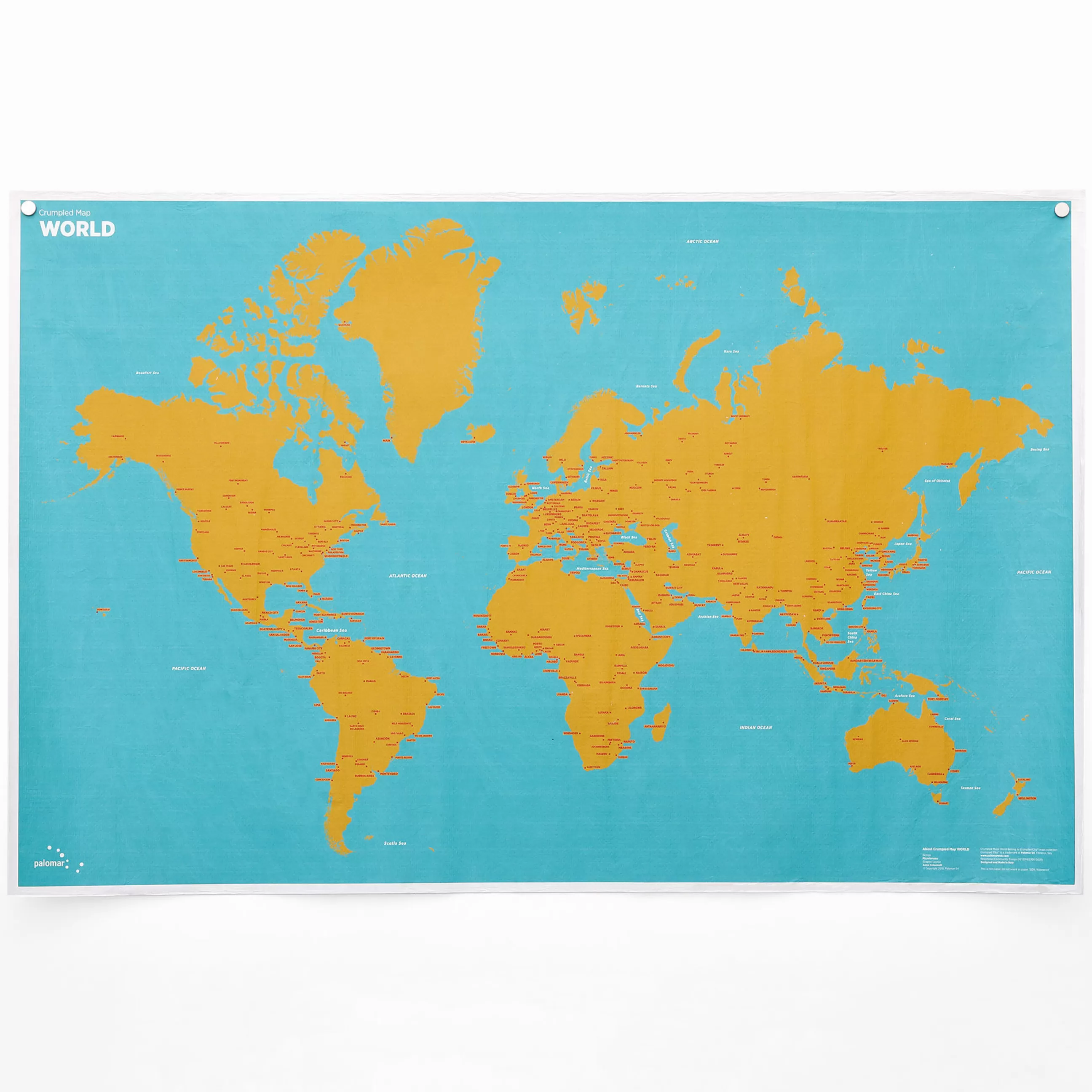 Jeux Et Loisirs>Palomar Carte Du Monde A Personnaliser Crumpled World By Cities Papier Multicolore / Noms De Villes - Feutre Effacable Inclus - 87 X 58 Cm - Bleu - Jaune