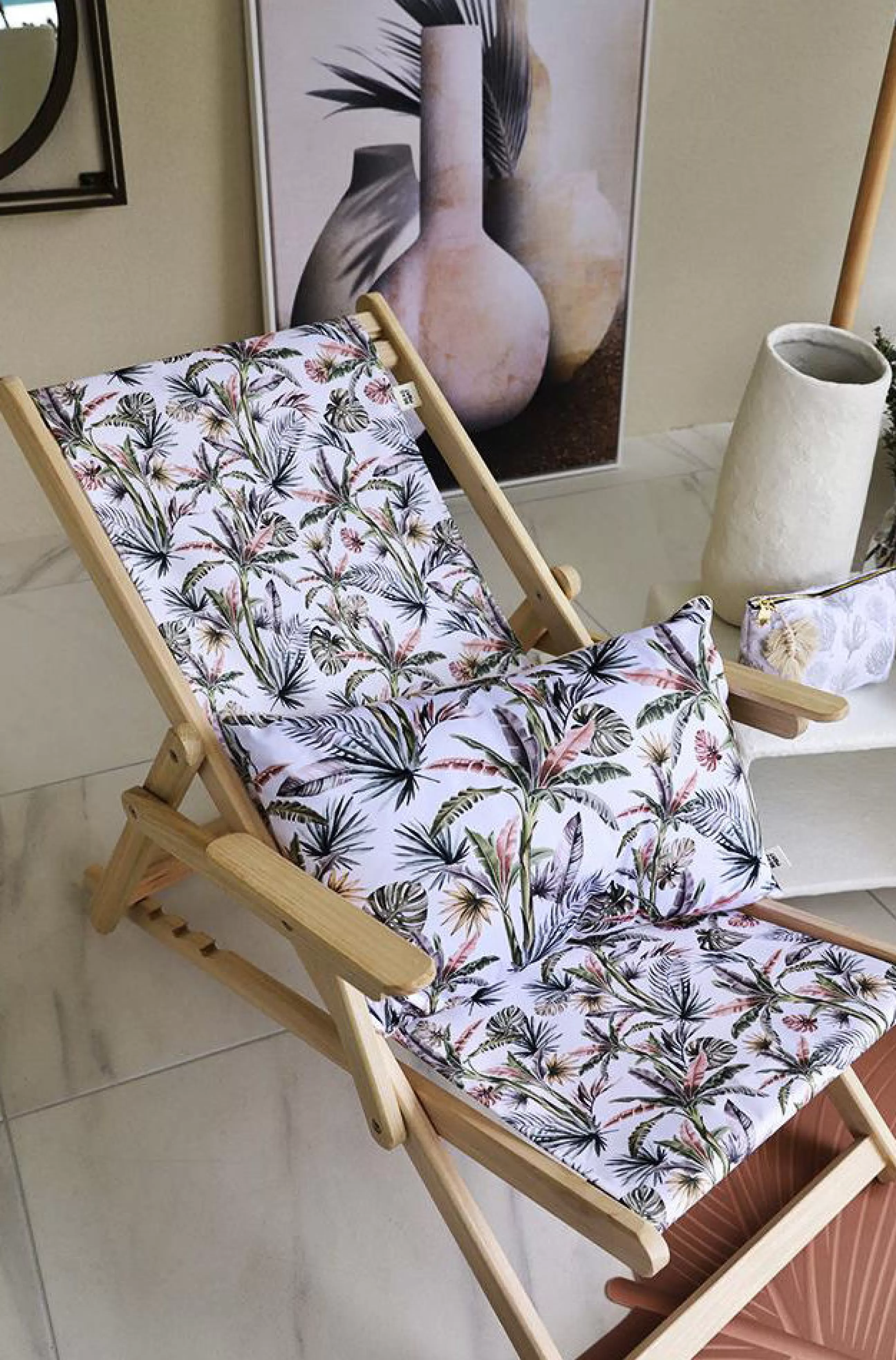 Bains De Soleil Chaises Longues Et Hamacs>PODEVACHE Chaise Longue Pliable Inclinable Rio Bois Multicolore Bois & Tissu Blanc Fleuri / Avec Accoudoirs - Blanc - Orange - Vert