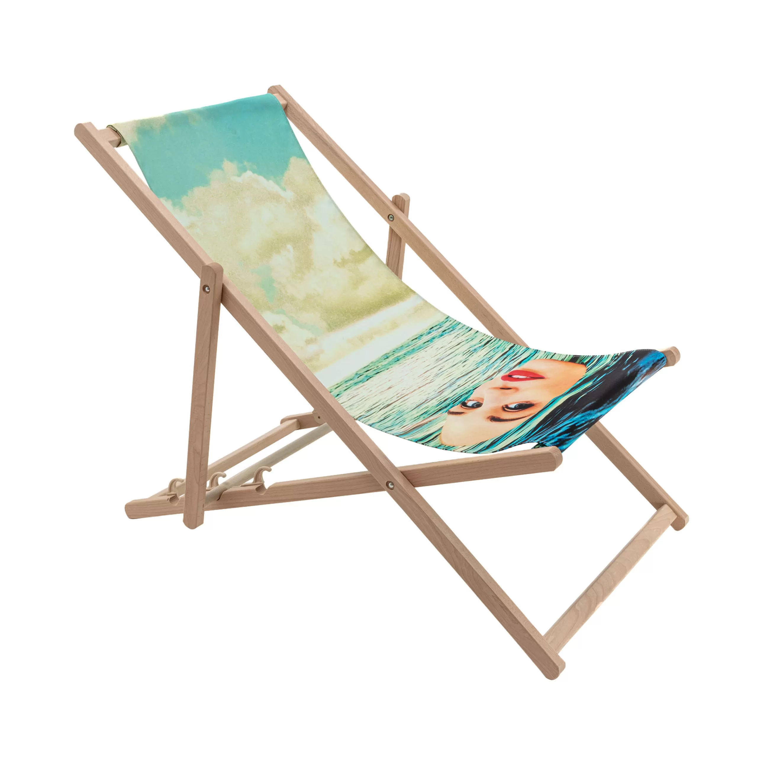 Bains De Soleil Chaises Longues Et Hamacs>Seletti Chaise Longue Pliable Inclinable Toiletpaper Bois Multicolore Bois & Toile Multicolore / - Bleu - Bois Naturel