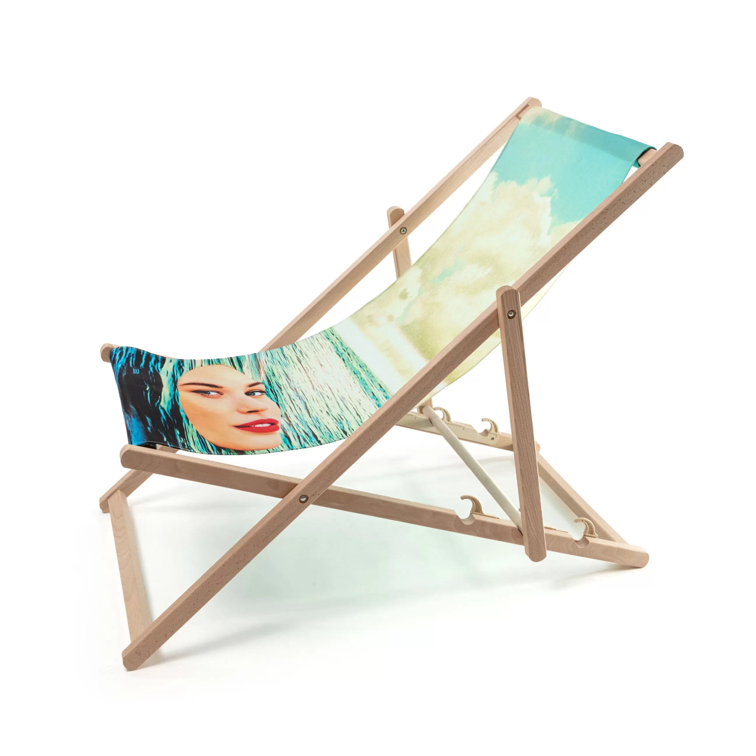 Bains De Soleil Chaises Longues Et Hamacs>Seletti Chaise Longue Pliable Inclinable Toiletpaper Bois Multicolore Bois & Toile Multicolore / - Bleu - Bois Naturel