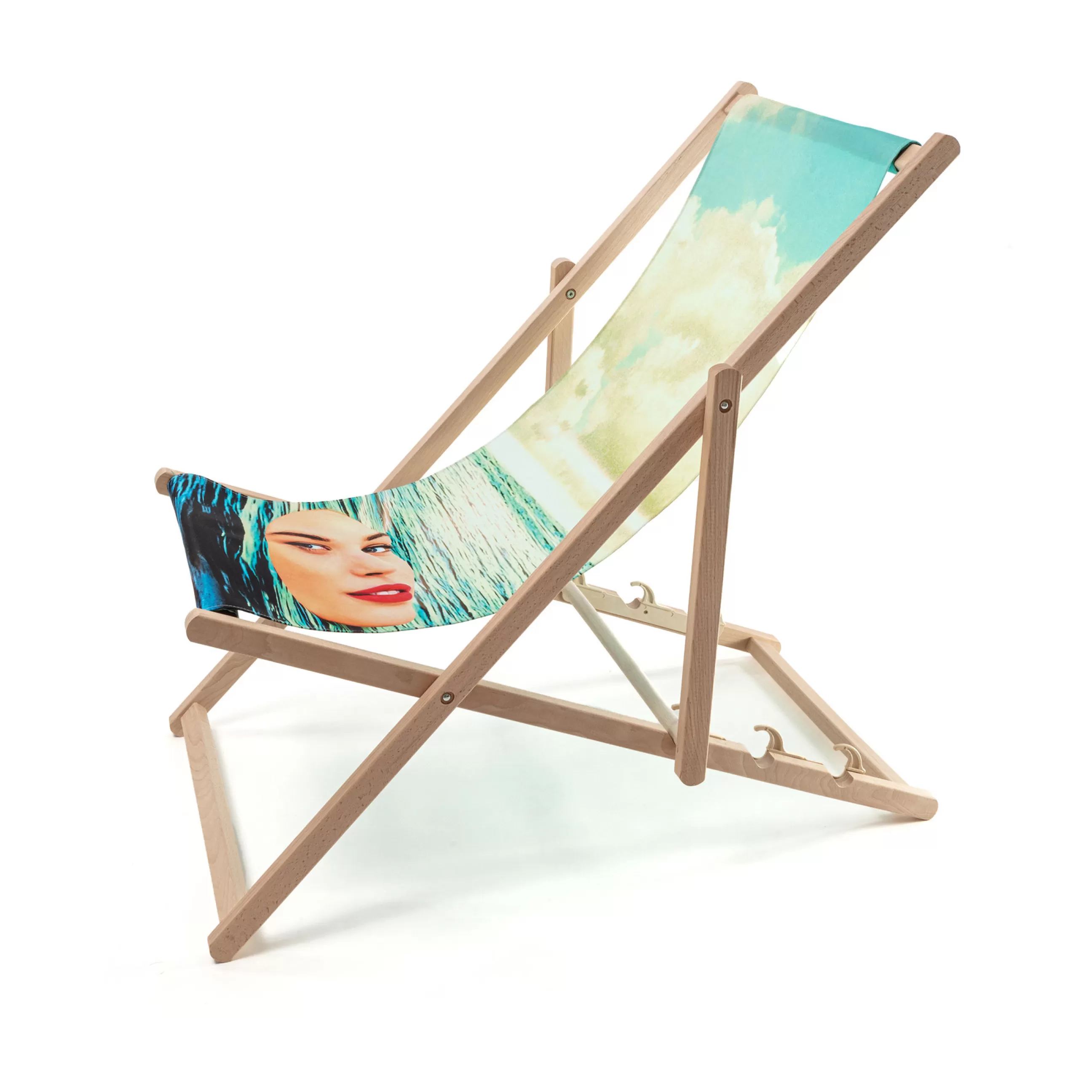 Bains De Soleil Chaises Longues Et Hamacs>Seletti Chaise Longue Pliable Inclinable Toiletpaper Bois Multicolore Bois & Toile Multicolore / - Bleu - Bois Naturel