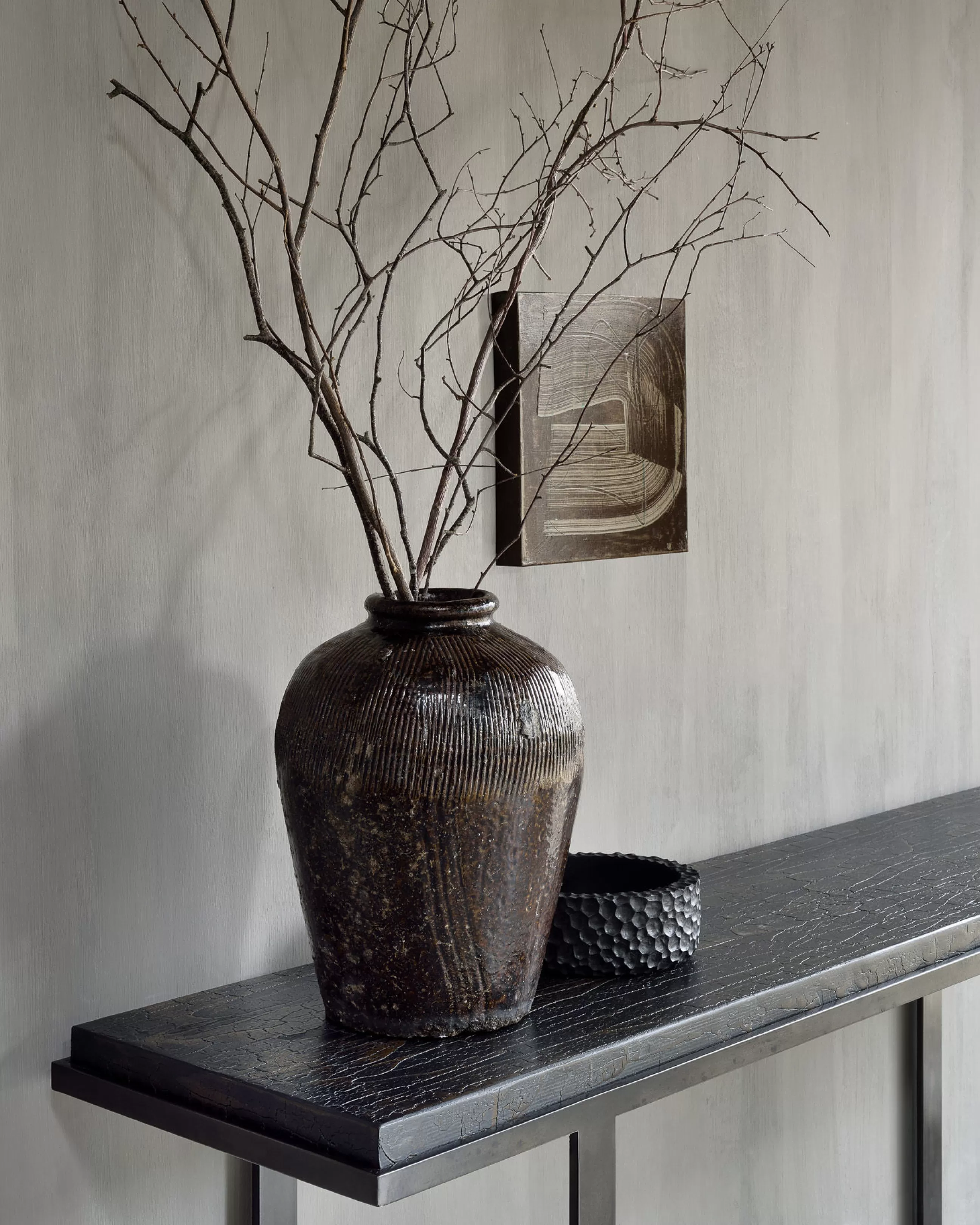 Consoles>Ethnicraft Console Stability Metal Bois Marron Noir / L 170 X H 75 Cm - Sculpte Main - Terre D'Ombre