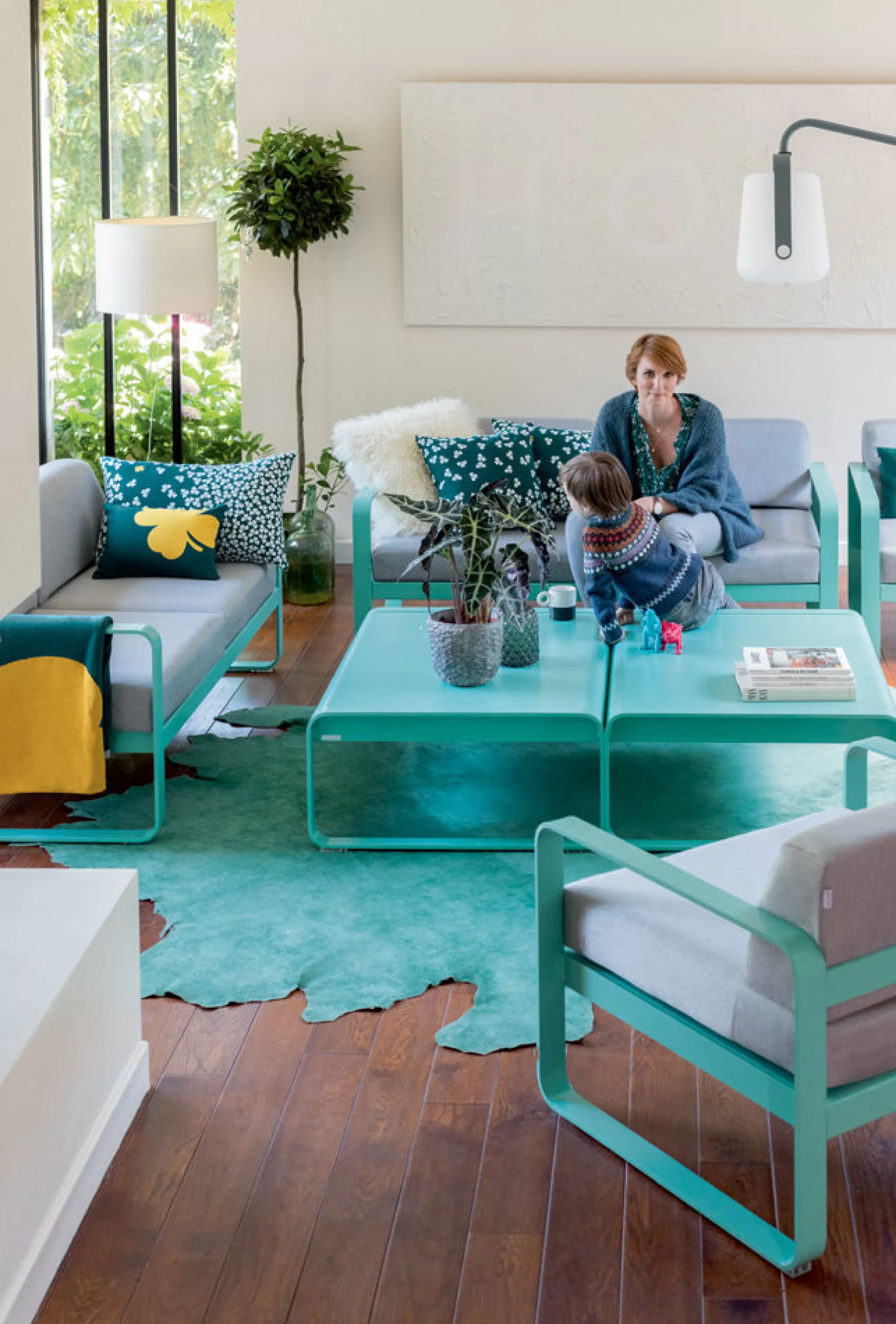 Poufs Coussins Tapis D'extérieur>Fermob Coussin D'extérieur Trefle Tissu Bleu / 44 X 30 Cm - Bleu Canard - Jaune