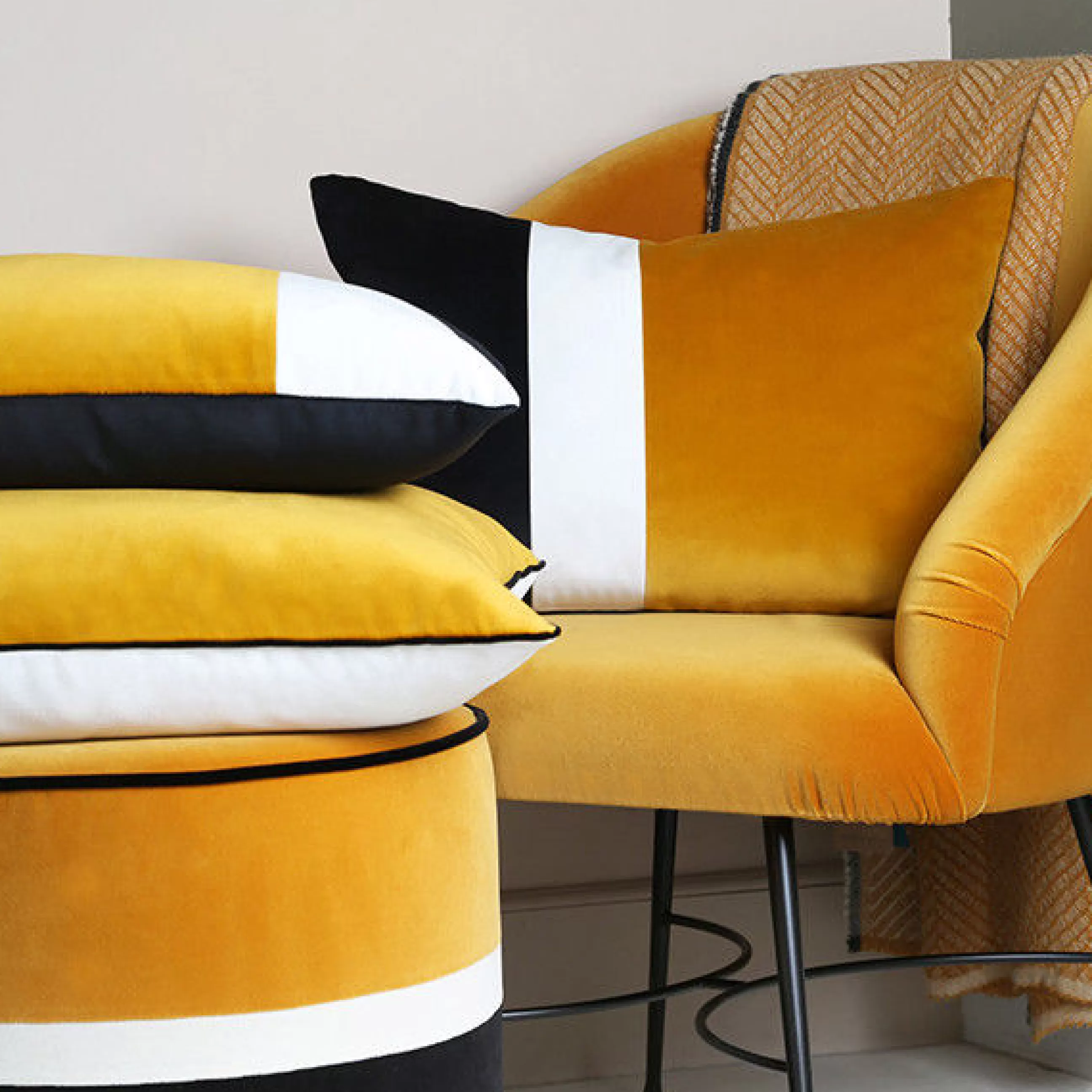 Déco Textile>Maison Sarah Lavoine Coussin Echec Et Mat Tissu Jaune / Velours - 30 X 50 Cm - Jasmin - Noir - Ocre