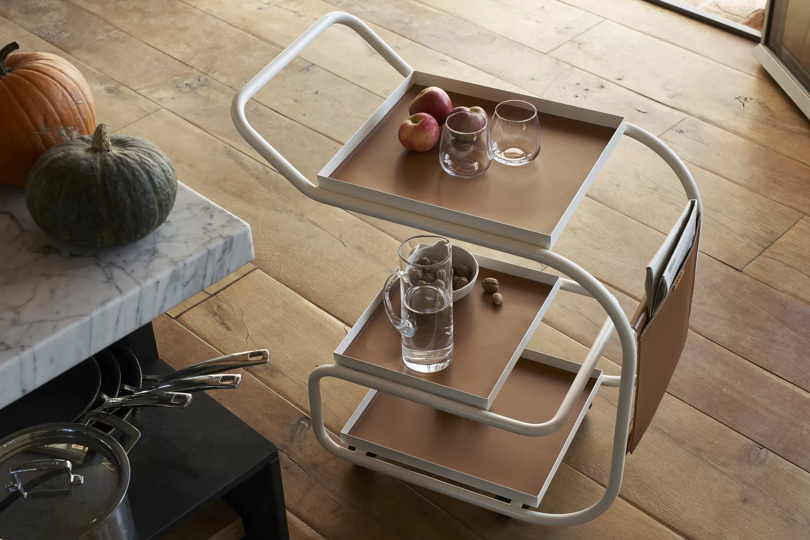 Compléments D'Ameublement>Opinion Ciatti Desserte Zenzero Metal Cuir Blanc Marron / Cuir Recycle - Blanc - Marron