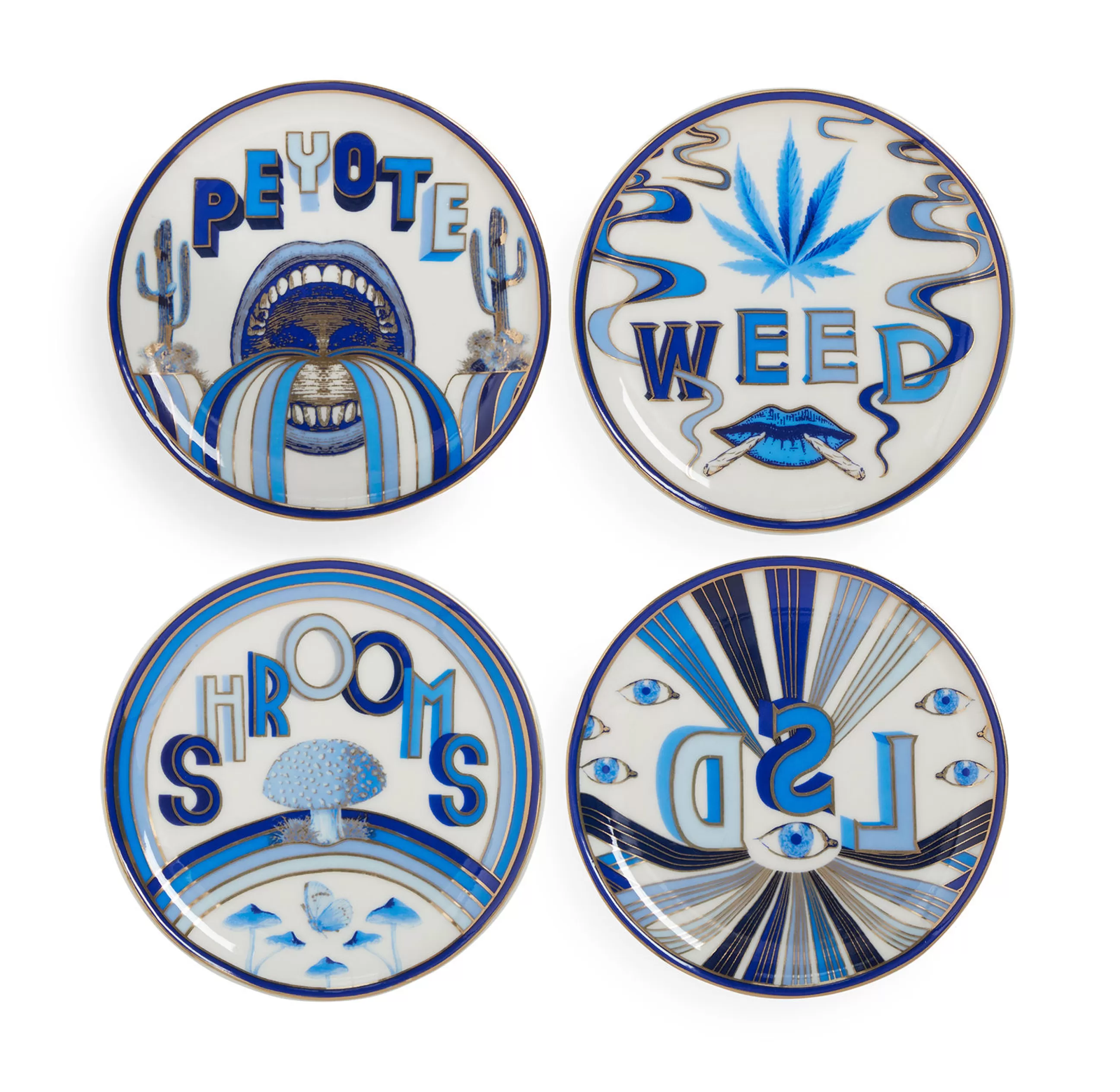 Autour Du Vin>Jonathan Adler Dessous De Verre Druggist Ceramique Blanc Bleu Or / Set De 4 - Porcelaine & Or - Blanc - Bleu - Or