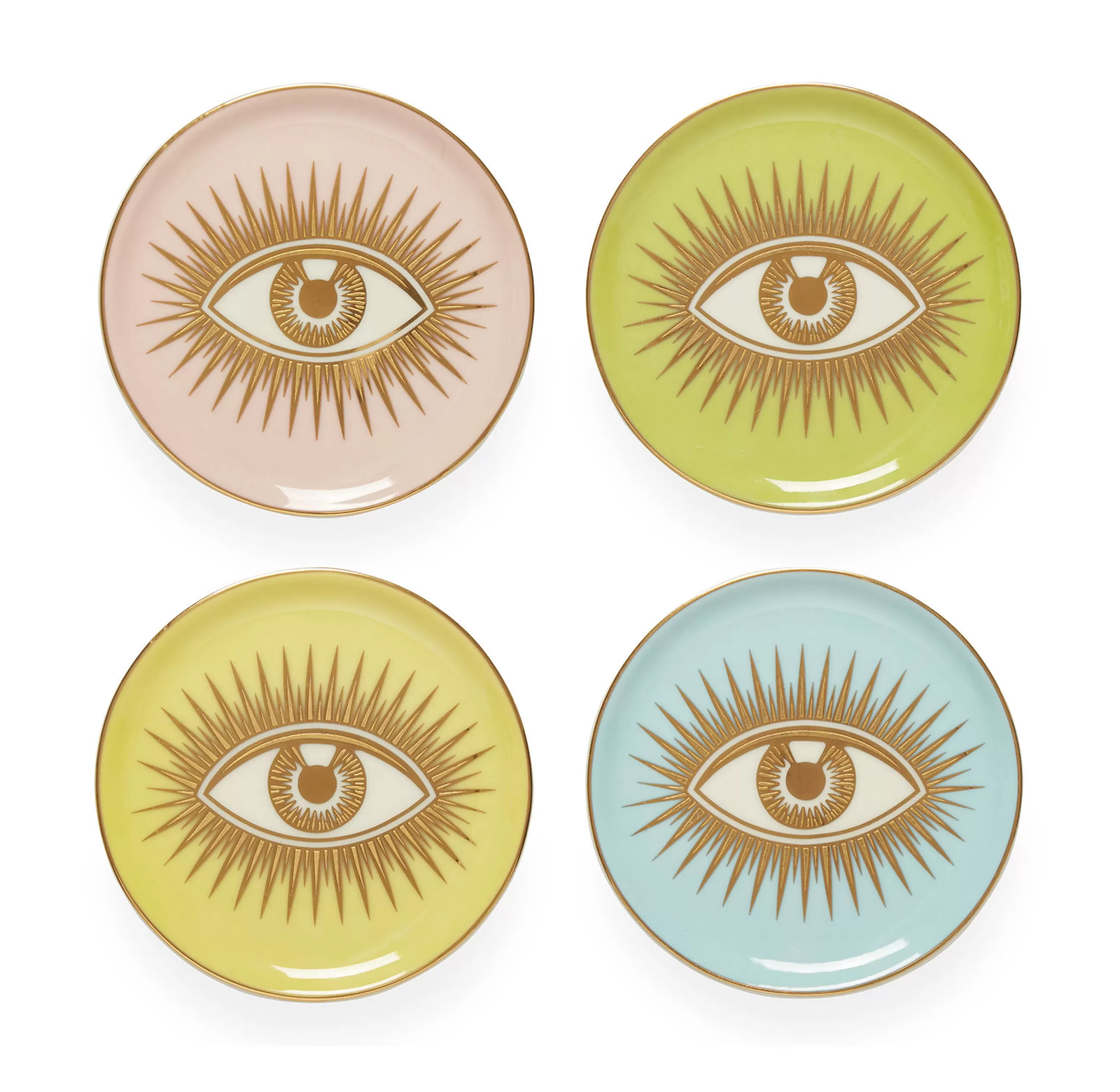 Autour Du Vin>Jonathan Adler Dessous De Verre Le Wink Ceramique Bleu Rose Jaune Vert / Set De 4 - Porcelaine & Or - Bleu Pastel - Jaune Pastel - Or - Rose Pastel - Vert Pastel