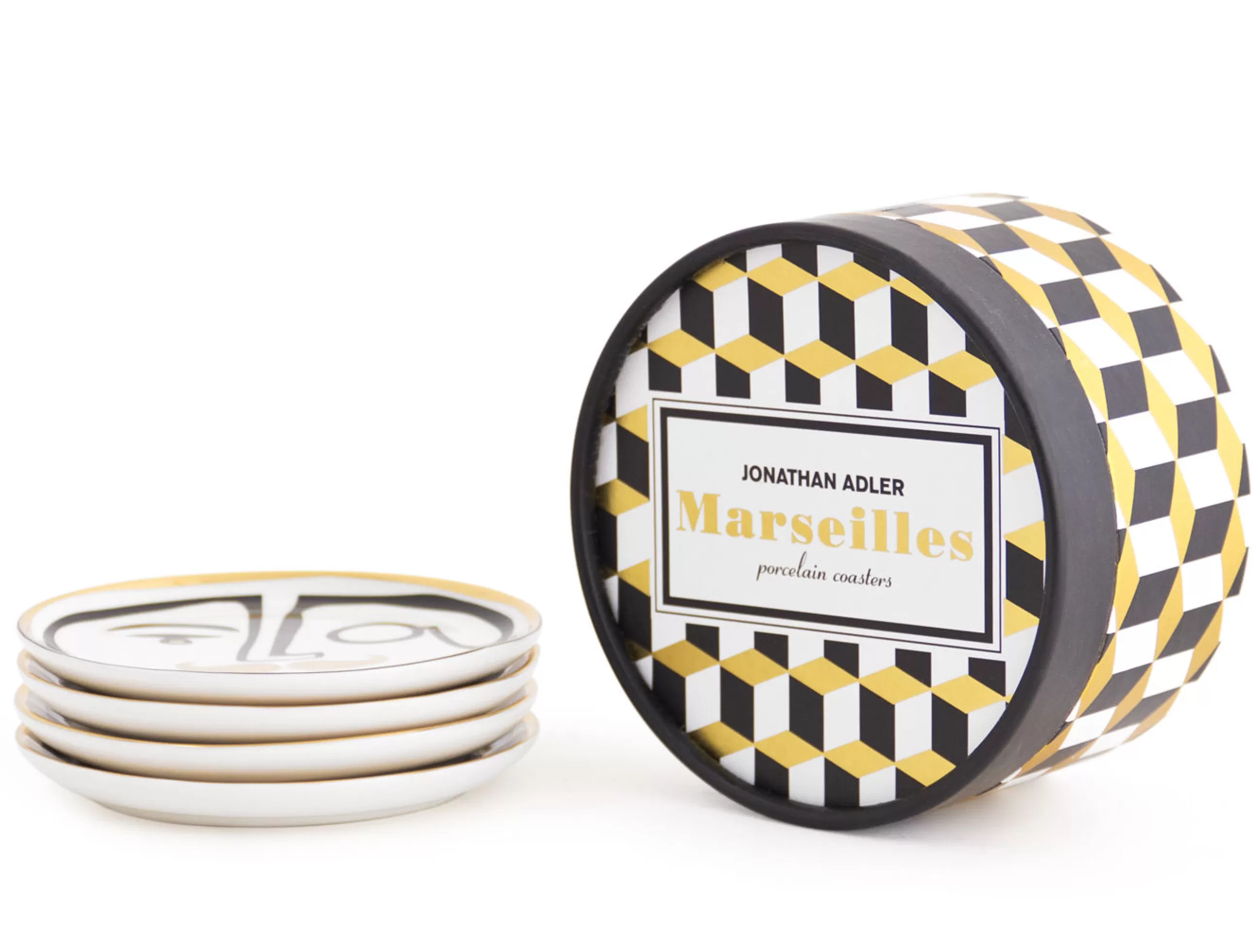 Autour Du Vin>Jonathan Adler Dessous De Verre Marseilles Ceramique Blanc Noir Or / Set De 4 - Porcelaine & Or 24 Carats - Blanc - Noir - Or