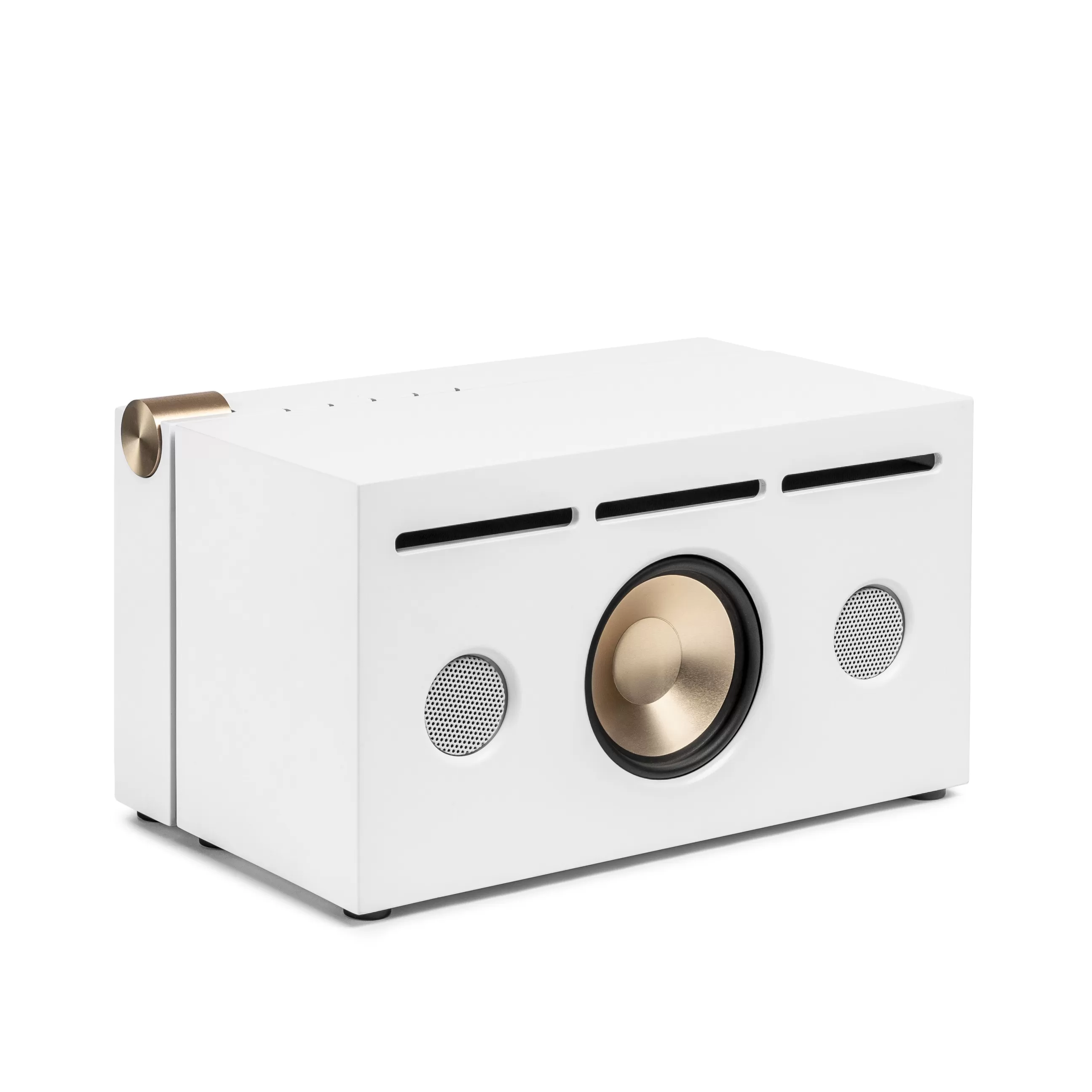 Enceintes Audio Son>La Boite Concept Enceinte Bluetooth Pr 01 Metal Tissu Bois/ Avec Technologie Active Pression Reflex - Blanc - Or