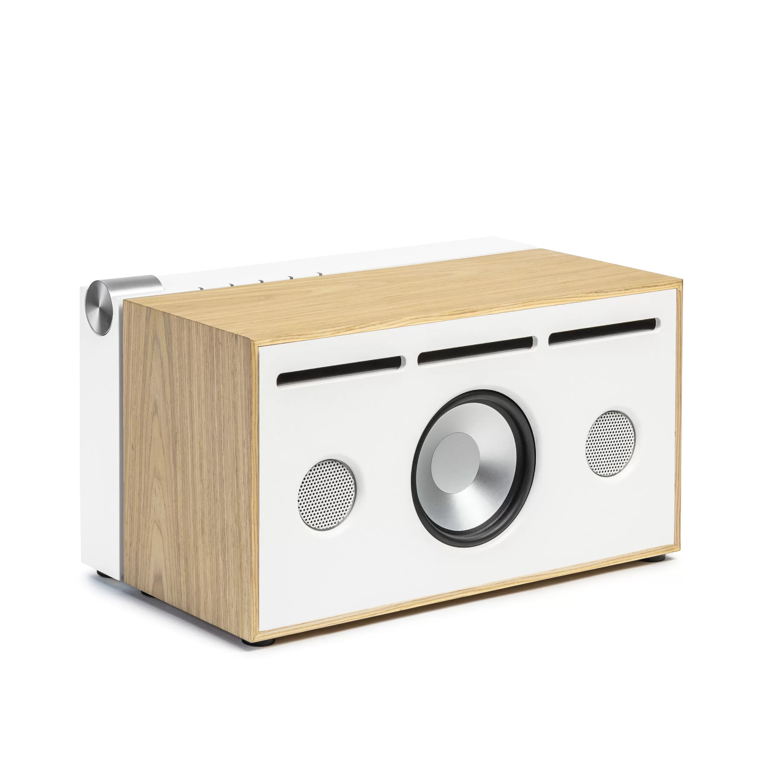 Enceintes Audio Son>La Boite Concept Enceinte Bluetooth Pr 01 Metal Tissu Bois Blanc / Avec Technologie Active Pression Reflex - Argent - Blanc - Chene Naturel