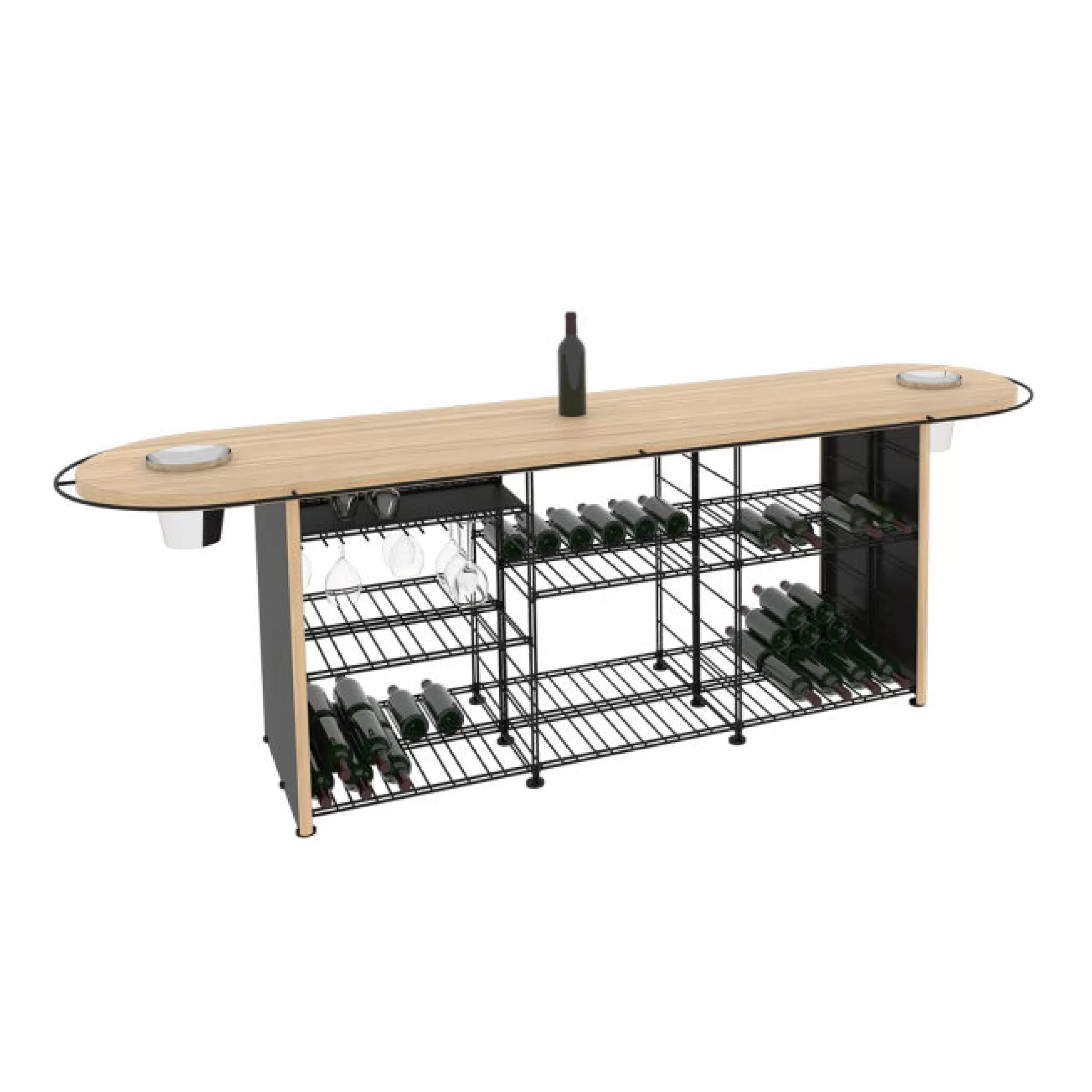 Mange Debout Et Bars>L'Atelier du Vin Etagere A Vin  Metal Noir Bois Naturel / Comptoir De Degustation - L 281 X Larg. 80 Cm X H 93 Cm / 300 Bouteilles - Acier - Chene Naturel - Noir