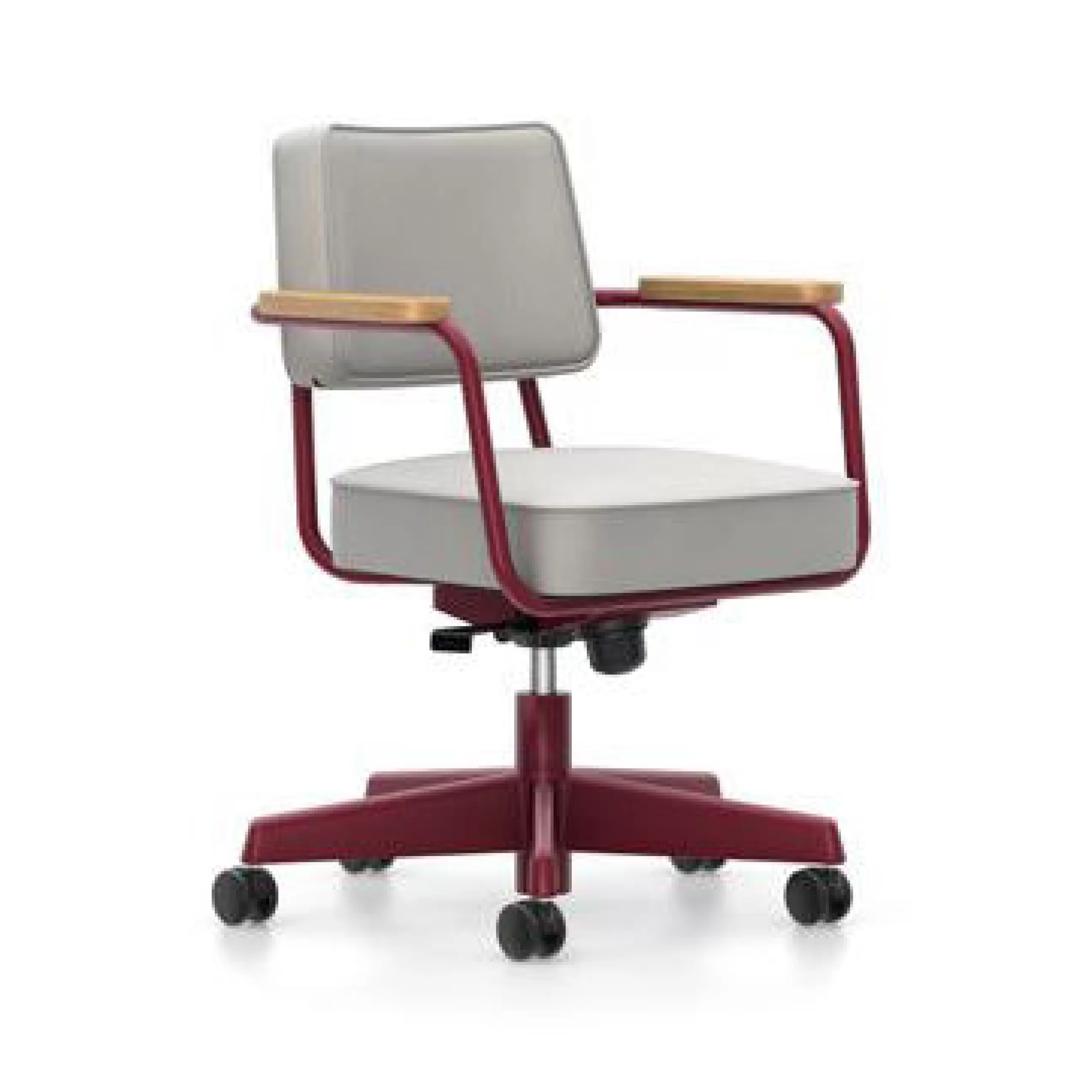 Fauteuils De Bureau>Vitra Fauteuil A Roulettes Fauteuil Direction Pivotant Metal Tissu Gris / Jean Prouve, 1951 - Chene Naturel - Gris Clair - Rouge Japonais