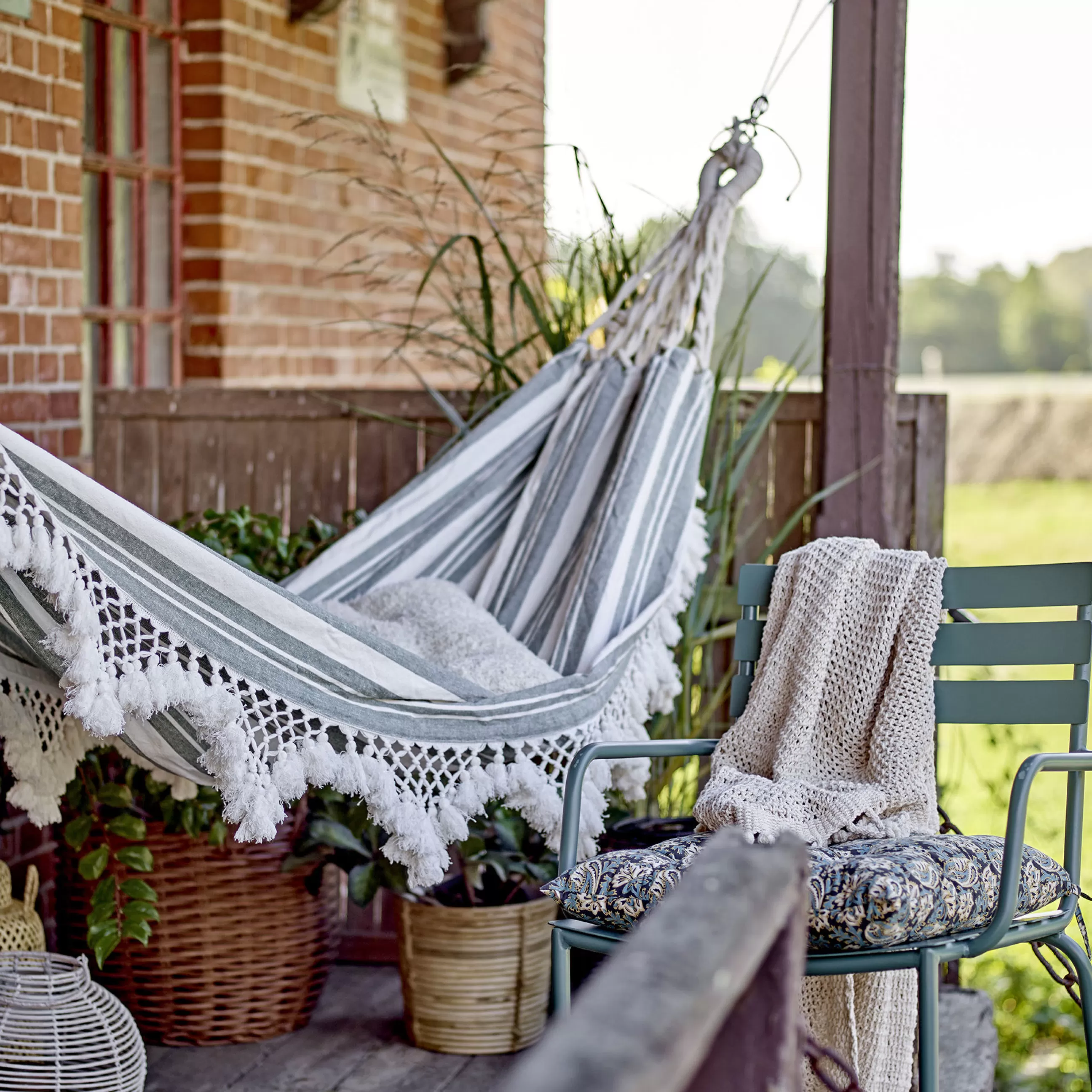 Bains De Soleil Chaises Longues Et Hamacs>Bloomingville Hamac Suspendu Cruz Tissu Vert / Coton - 200 X 100 Cm - Blanc - Vert