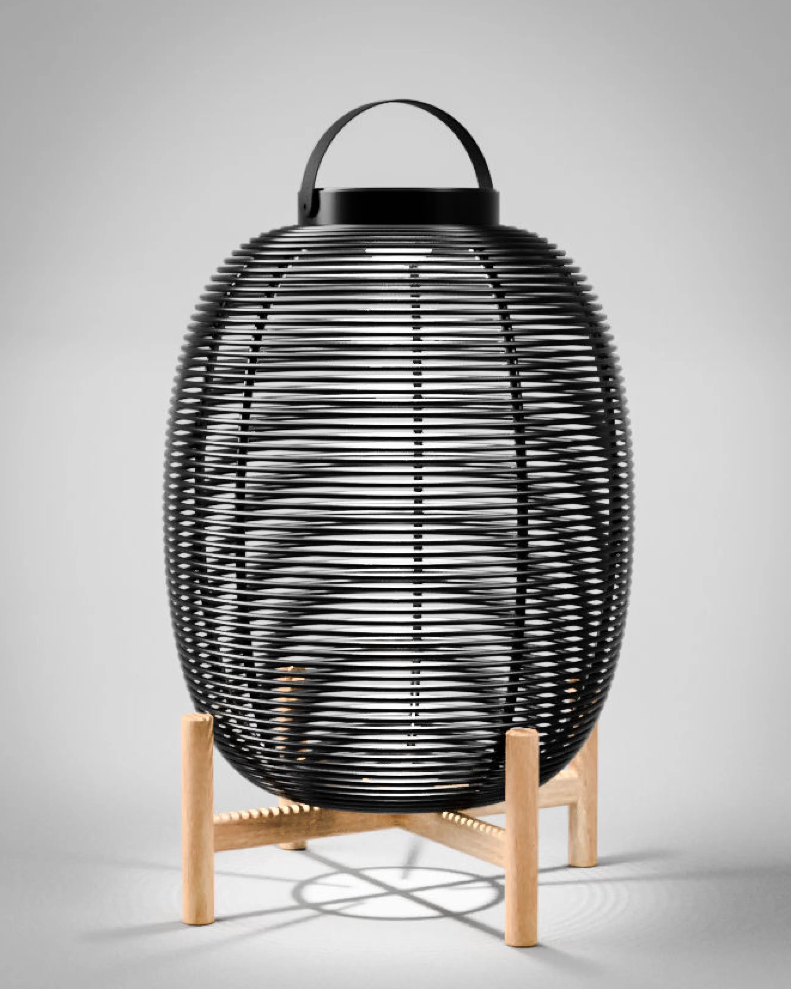 Lampes De Sol>Vincent Sheppard Lampe Solaire D'extérieur Tika Large Plastique Fibre Vegetale Noir / Lanterne Led - H 69 Cm - Noir - Teck Naturel
