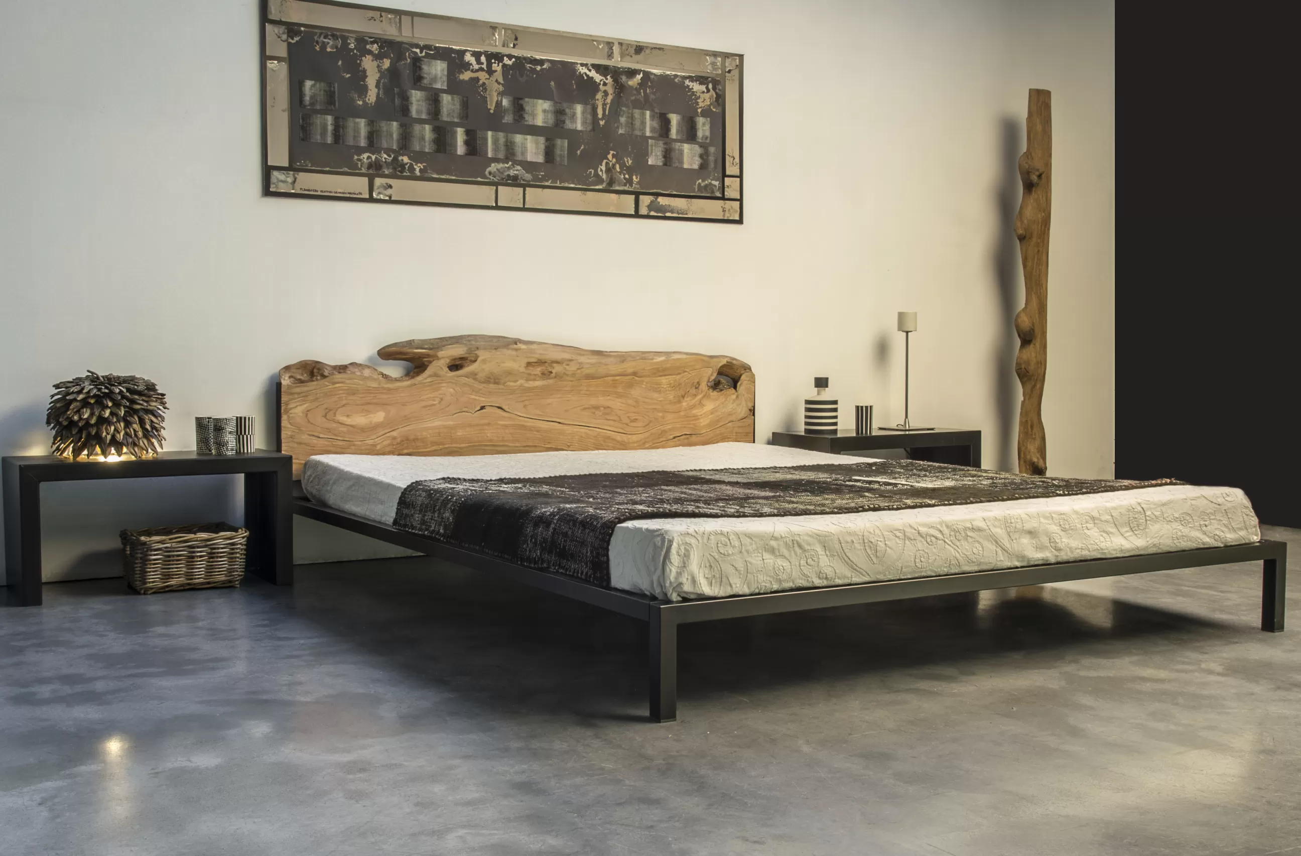 Lits>Zeus Lit Double Old Times Metal Bois Naturel / 162 X 210 Cm - Bois Naturel - Noir Cuivre