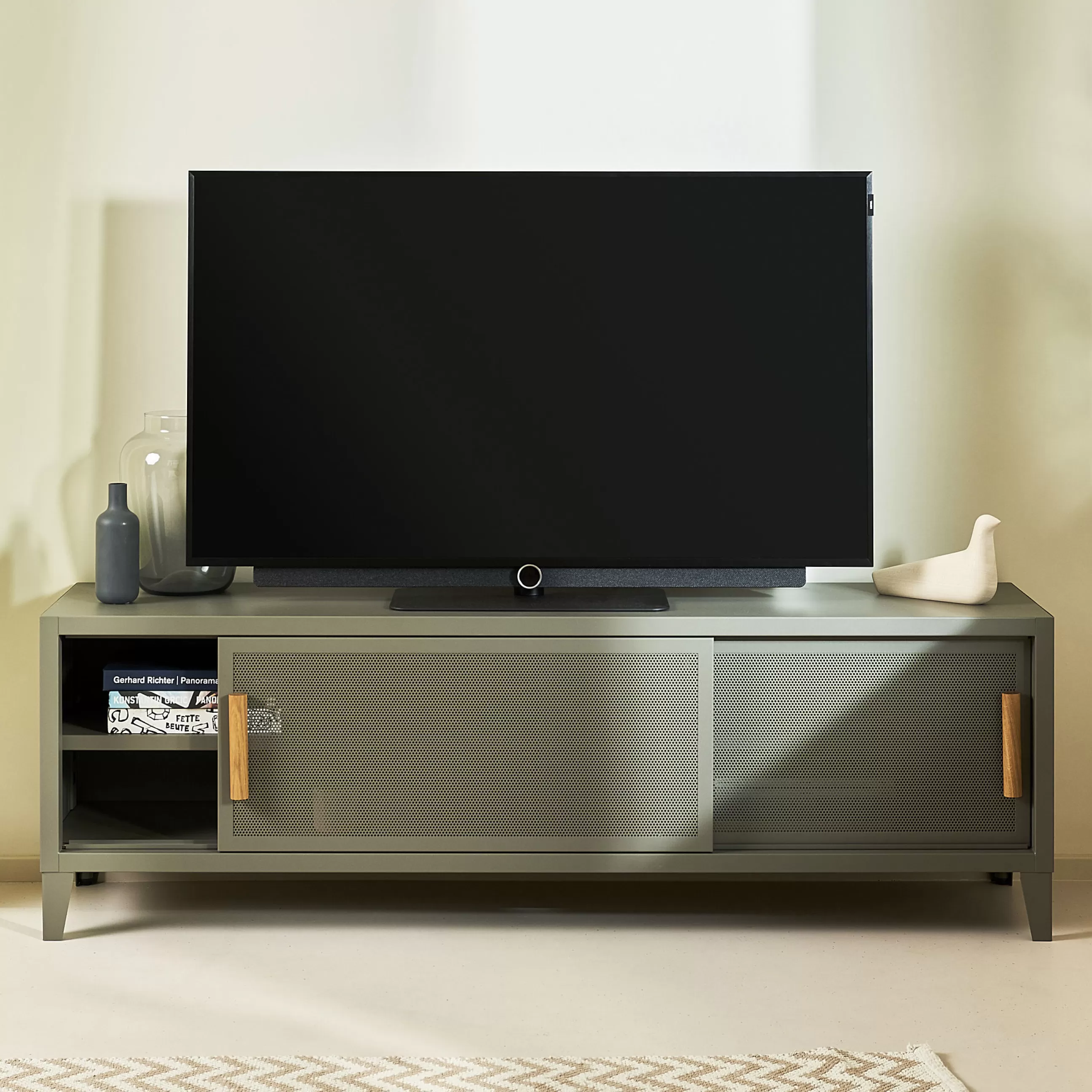 Commodes Buffets Armoires>Tolix Meuble Tv B2 Bas Perfore Metal Beige / L 160 X H 51 Cm - Poignees Chene - Sable