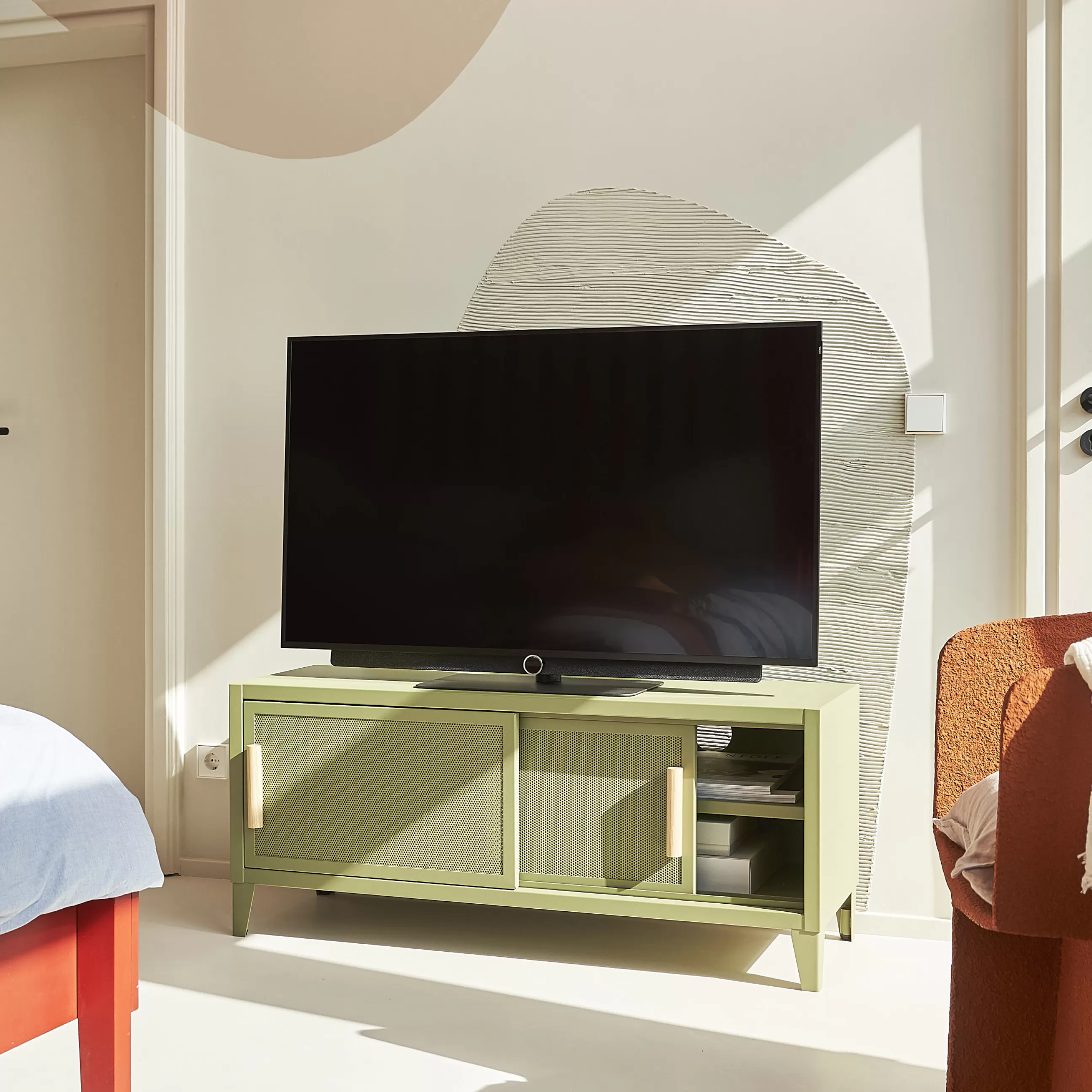 Commodes Buffets Armoires>Tolix Meuble Tv B2 Bas Perfore Metal Vert / L 120 X H 51 Cm - Poignees Chene - Vert Lichen