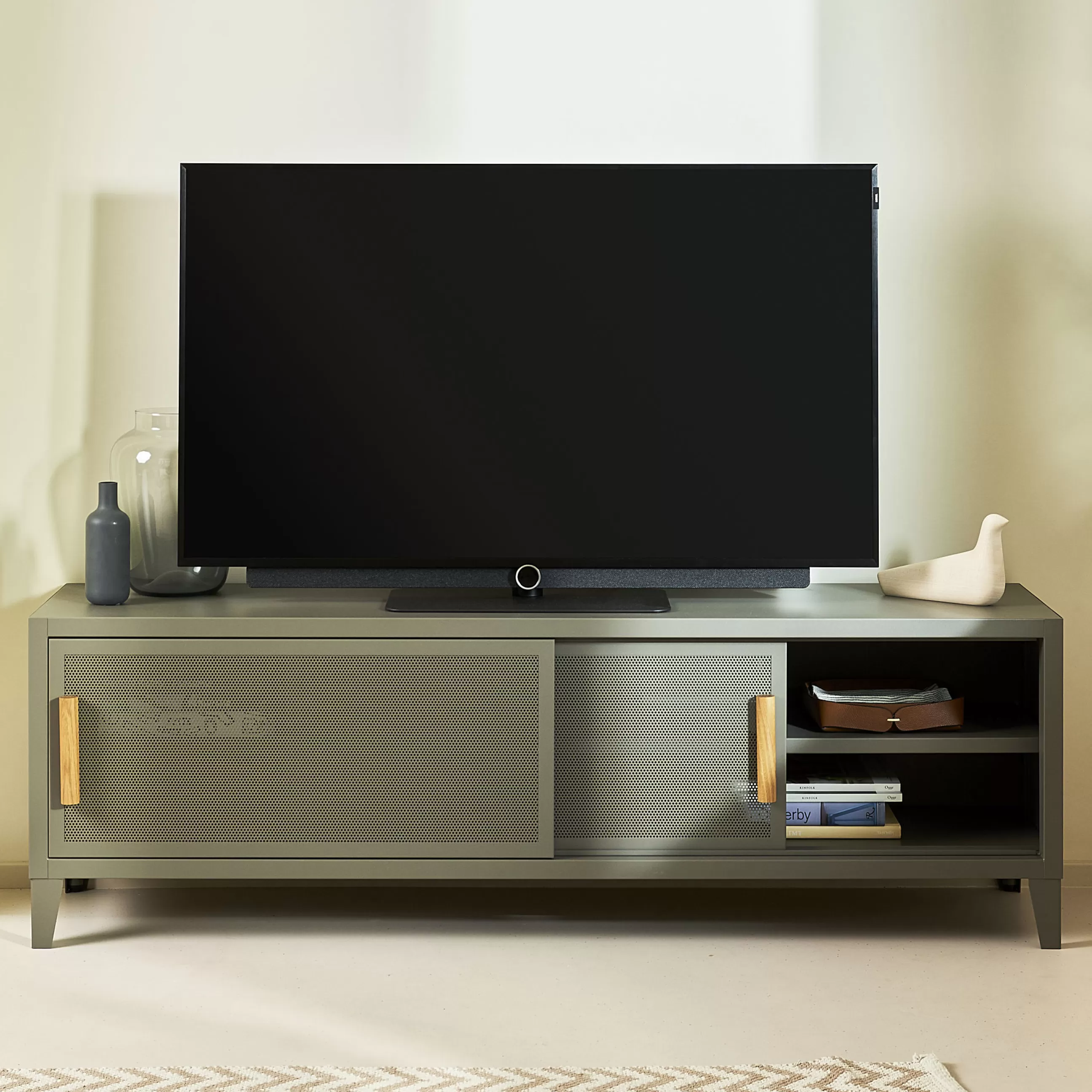 Commodes Buffets Armoires>Tolix Meuble Tv B2 Bas Perfore Metal Vert / L 160 X H 51 Cm - Poignees Chene - Romarin