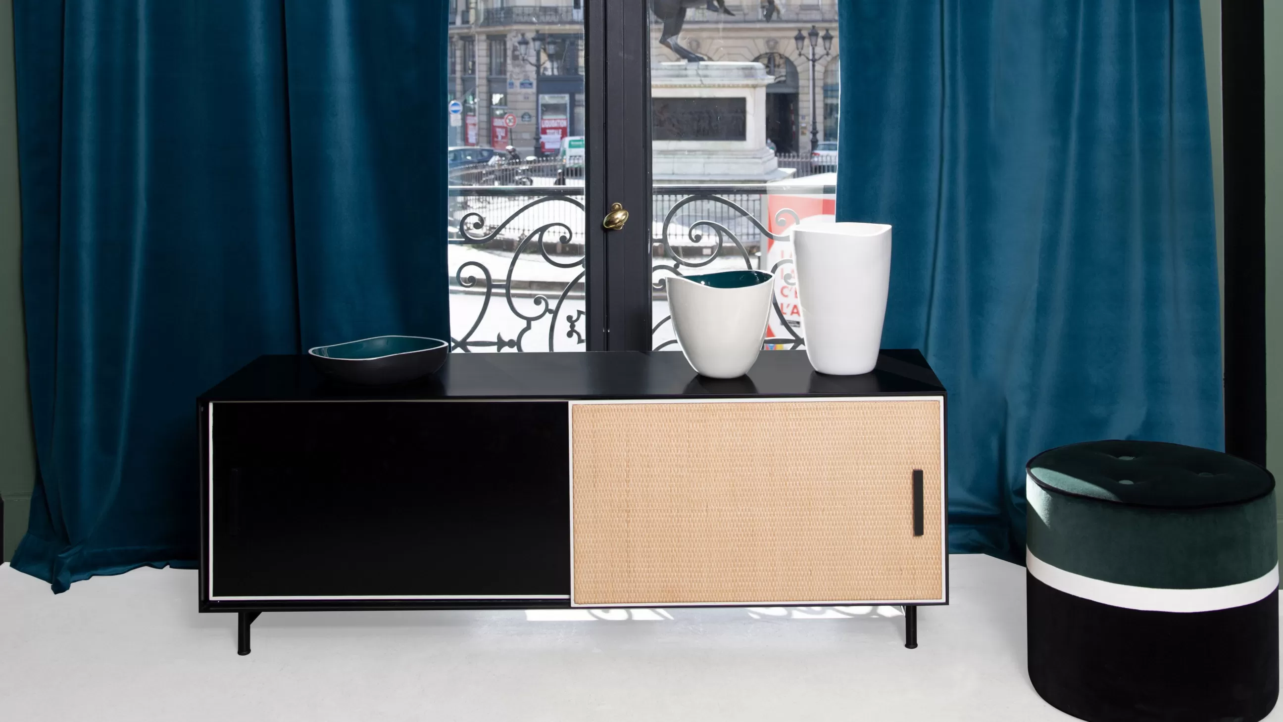 Meubles Tv>Maison Sarah Lavoine Meuble Tv Essence Bois Noir / L 140 X H 42 Cm - Rotin - Ivoire - Noir - Rotin Naturel