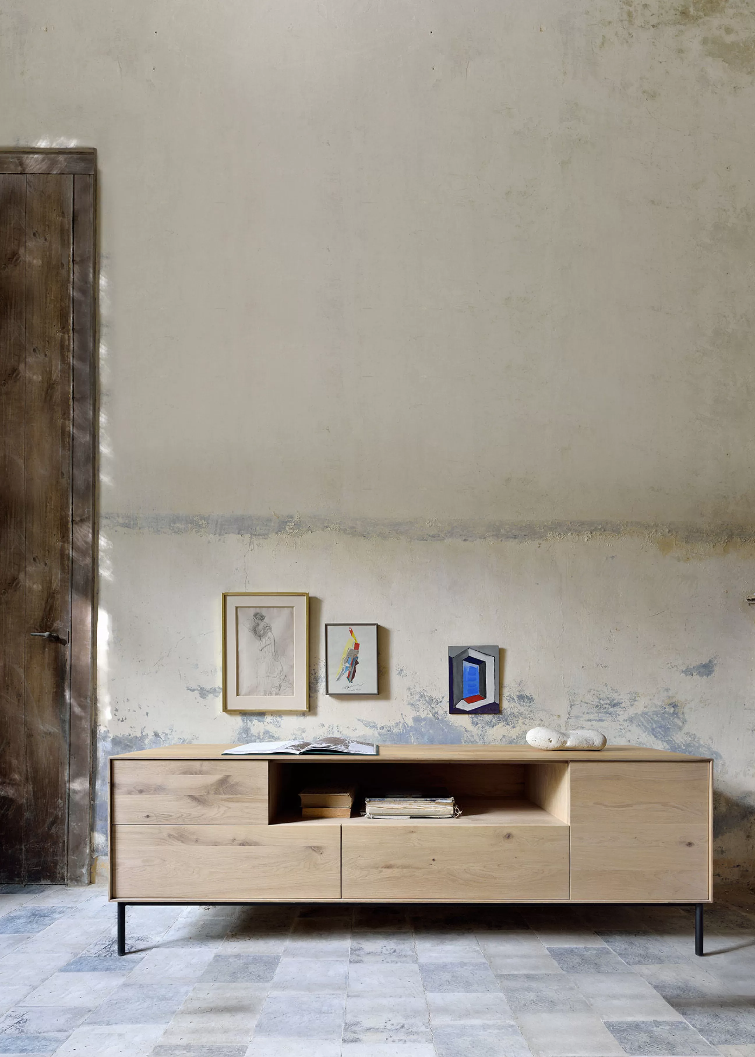 Commodes Buffets Armoires>Ethnicraft Meuble Tv Whitebird Noir Bois Naturel / Chene Massif - L 180 Cm - Chene Naturel - Noir