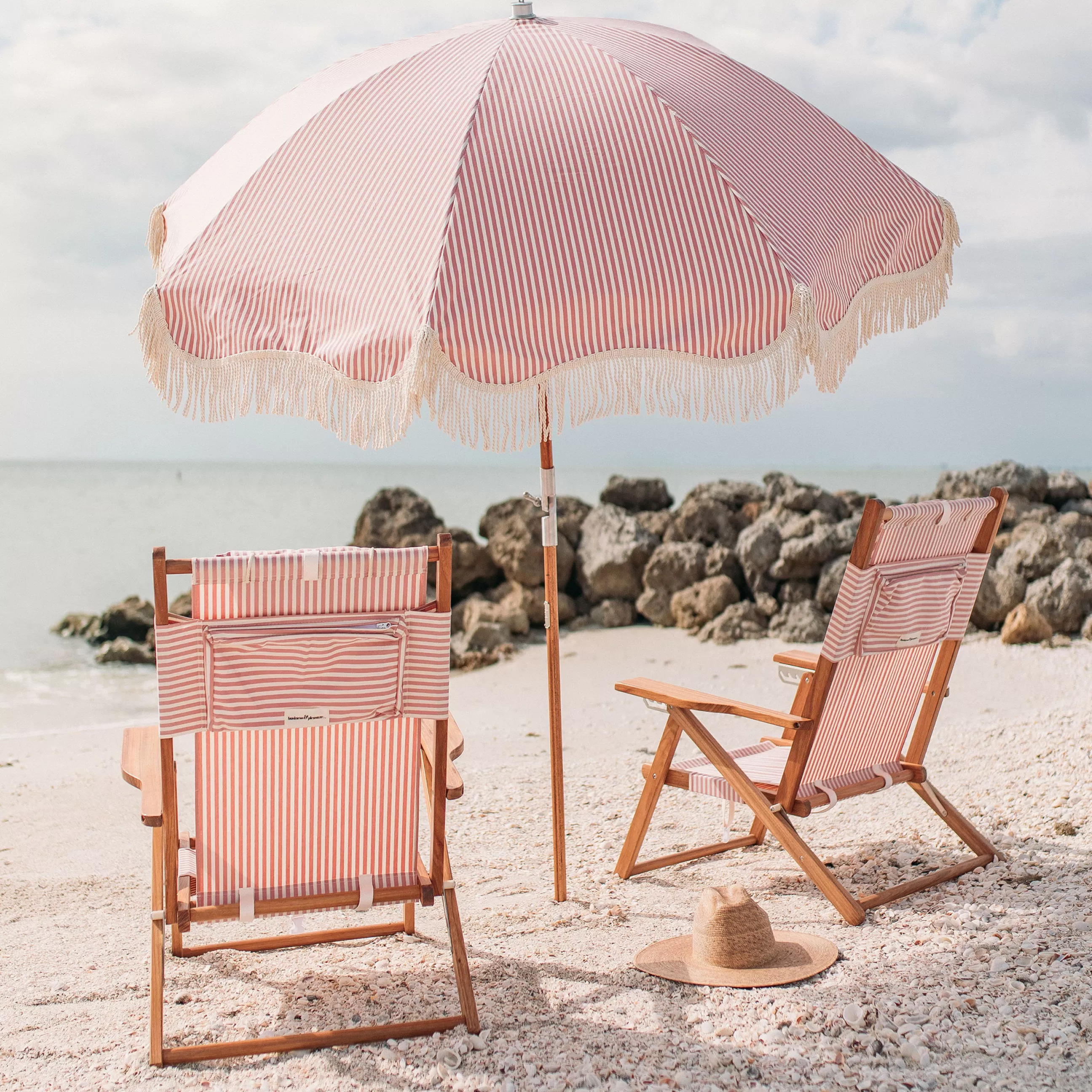 Parasols>BUSINESS & PLEASURE Parasol The Premium Beach Tissu Bois Rose / O 180 Cm - Inclinable - Blanc - Bois Naturel - Rose