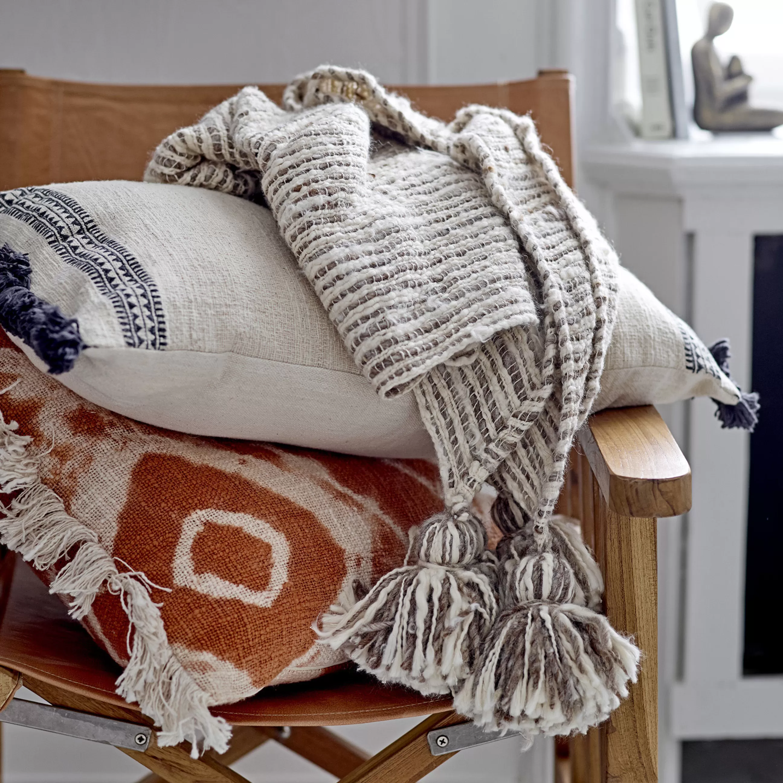 Linge De Lit>Bloomingville Plaid Giovanna Tissu Beige / 150 X 125 Cm - Coton & Laine - Ecru - Sable
