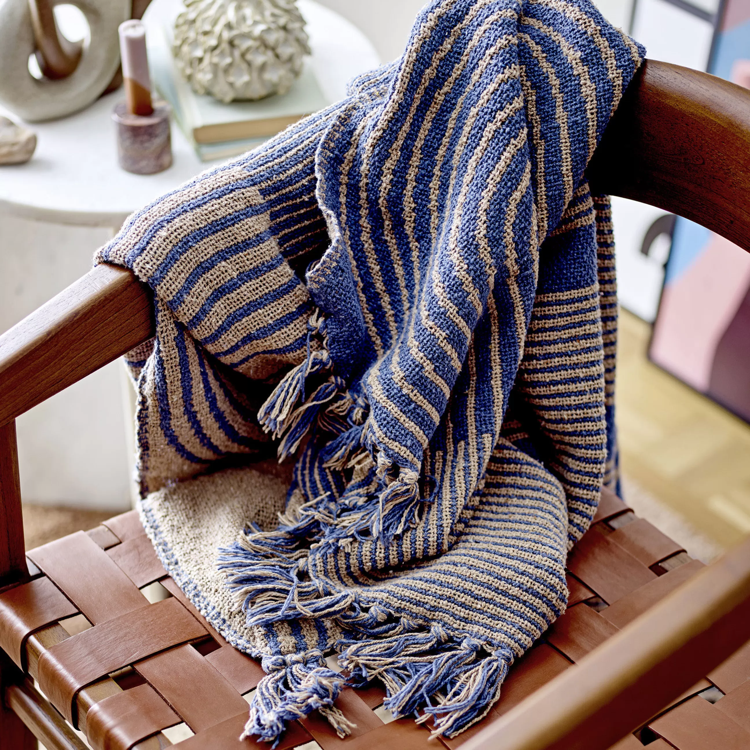 Linge De Lit>Bloomingville Plaid Tiffanie Tissu Bleu / 160 X 130 Cm - Coton Recycle - Bleu - Sable