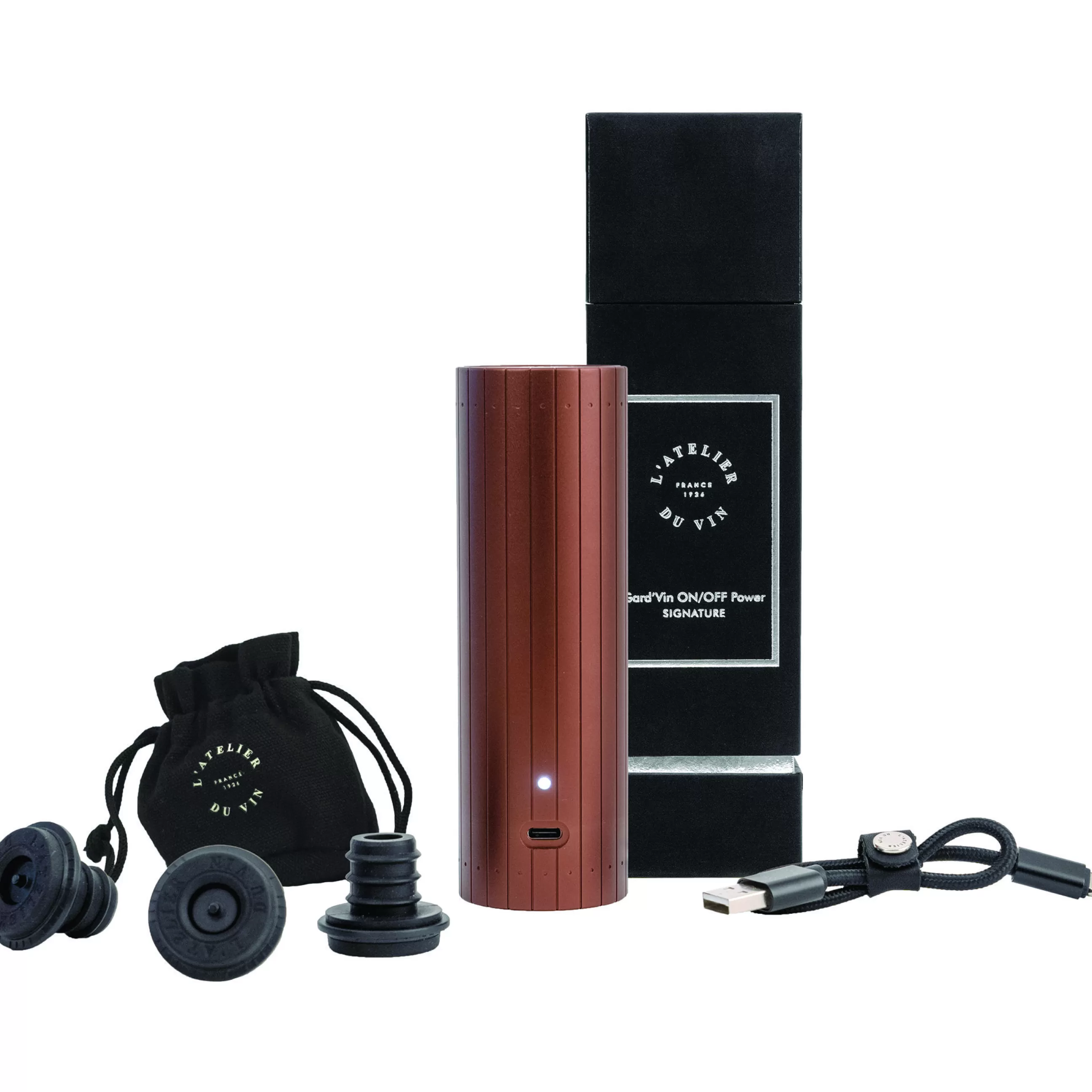 Autour Du Vin>L'Atelier du Vin Pompe A Vide D'Air Electrique Gard'Vin On/Off Power Signature Metal Marron / + 3 Bouchons - Recharge Usb - Cep De Vigne