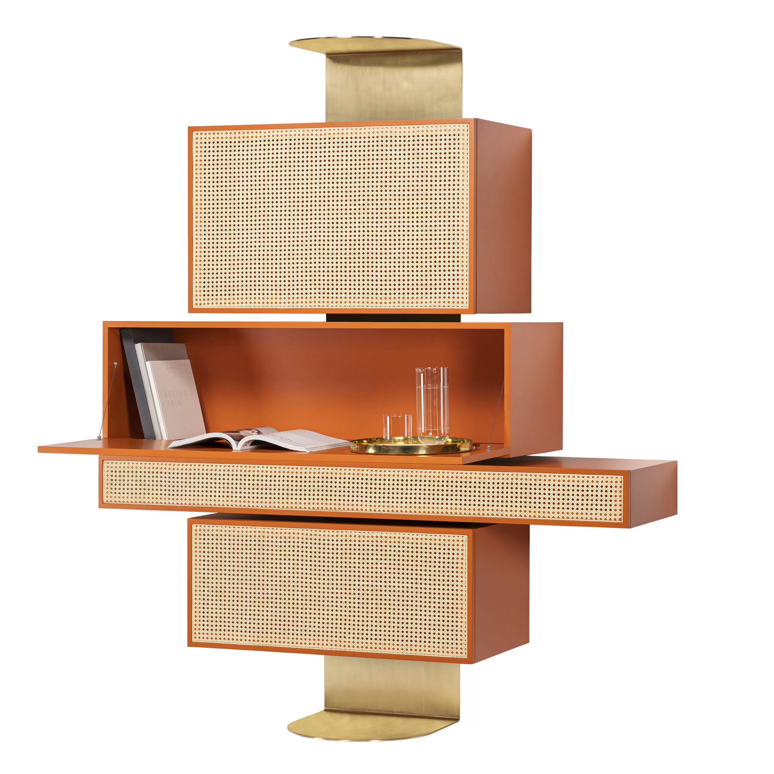 Commodes Buffets Armoires>Wiener GTV Design Rangement Nyny Unit Fibre Vegetale Bois Orange Beige / L 165 X H 200 Cm - Cannage - Laiton Satine - Naturel - Orange