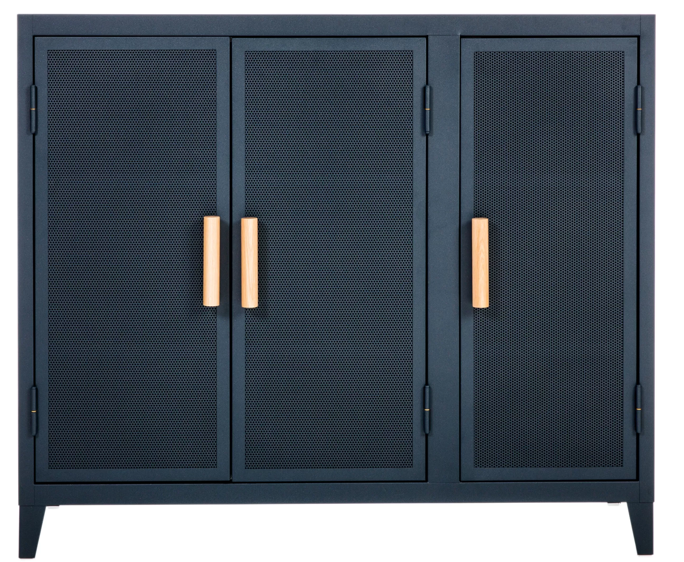 Meubles De Rangement>Tolix Rangement Vestiaire Bas Perfore Metal Bleu / 3 Portes  - Poignees Chene - Bleu Nuit - Chene Naturel