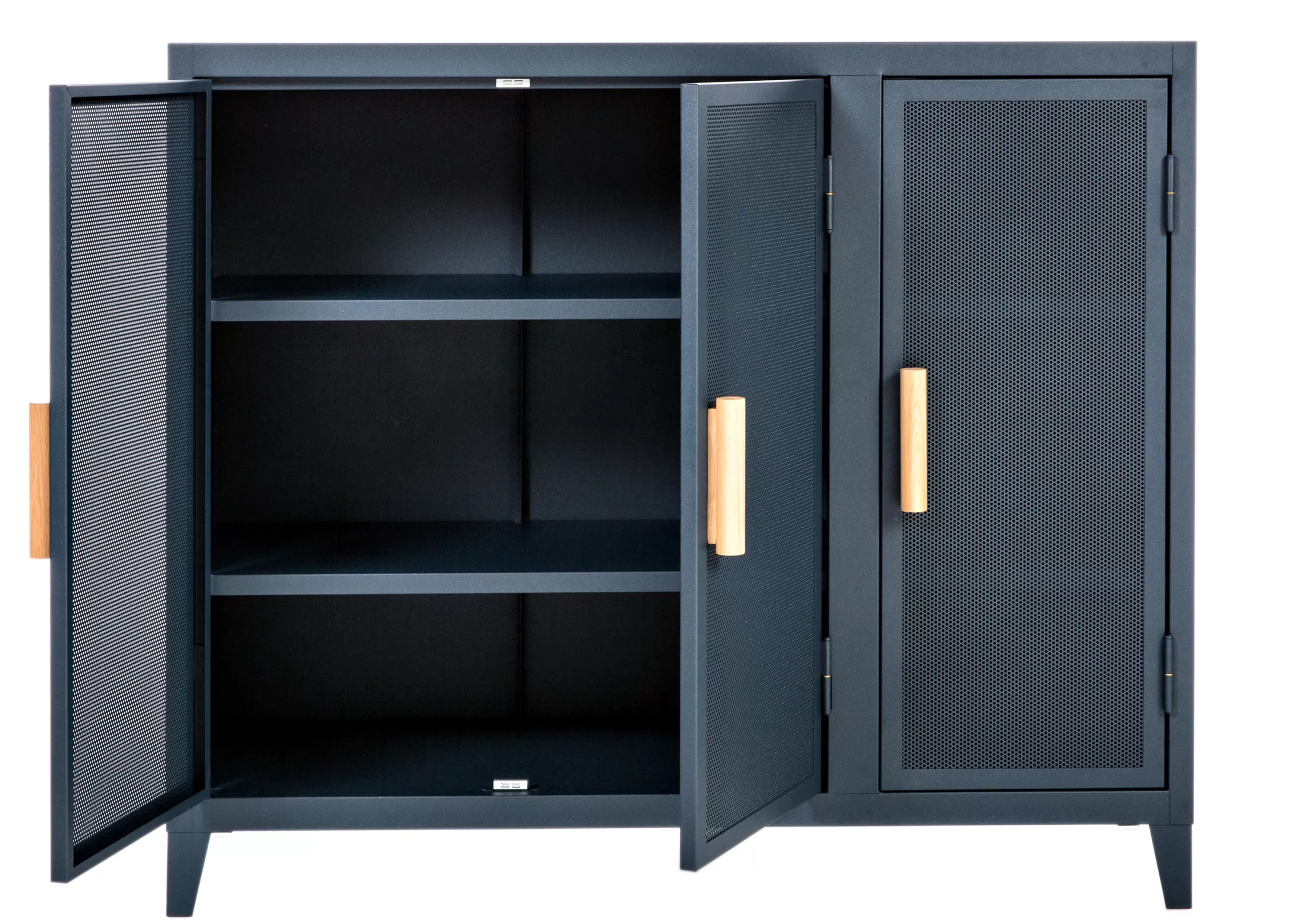 Meubles De Rangement>Tolix Rangement Vestiaire Bas Perfore Metal Bleu / 3 Portes  - Poignees Chene - Bleu Nuit - Chene Naturel