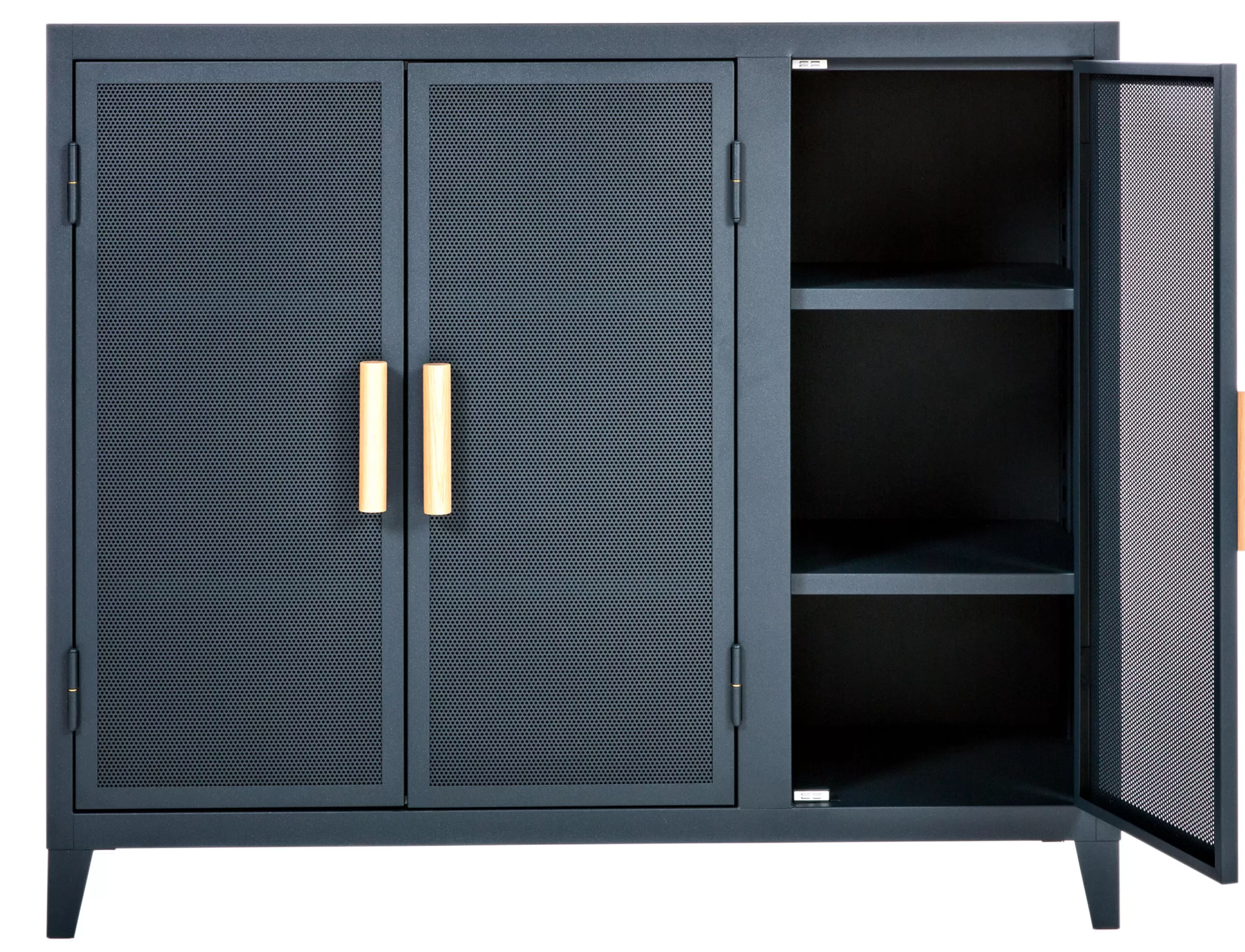 Meubles De Rangement>Tolix Rangement Vestiaire Bas Perfore Metal Bleu / 3 Portes  - Poignees Chene - Bleu Nuit - Chene Naturel