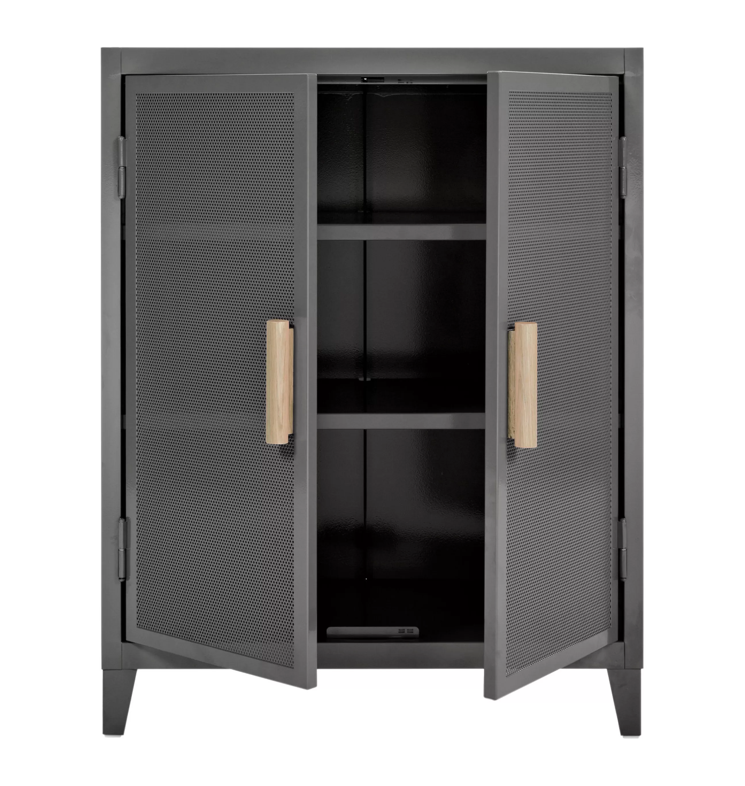 Commodes Buffets Armoires>Tolix Rangement Vestiaire Bas Perfore Metal Gris / 2 Portess - Poignees Chene - Bois Naturel - Gris Souris