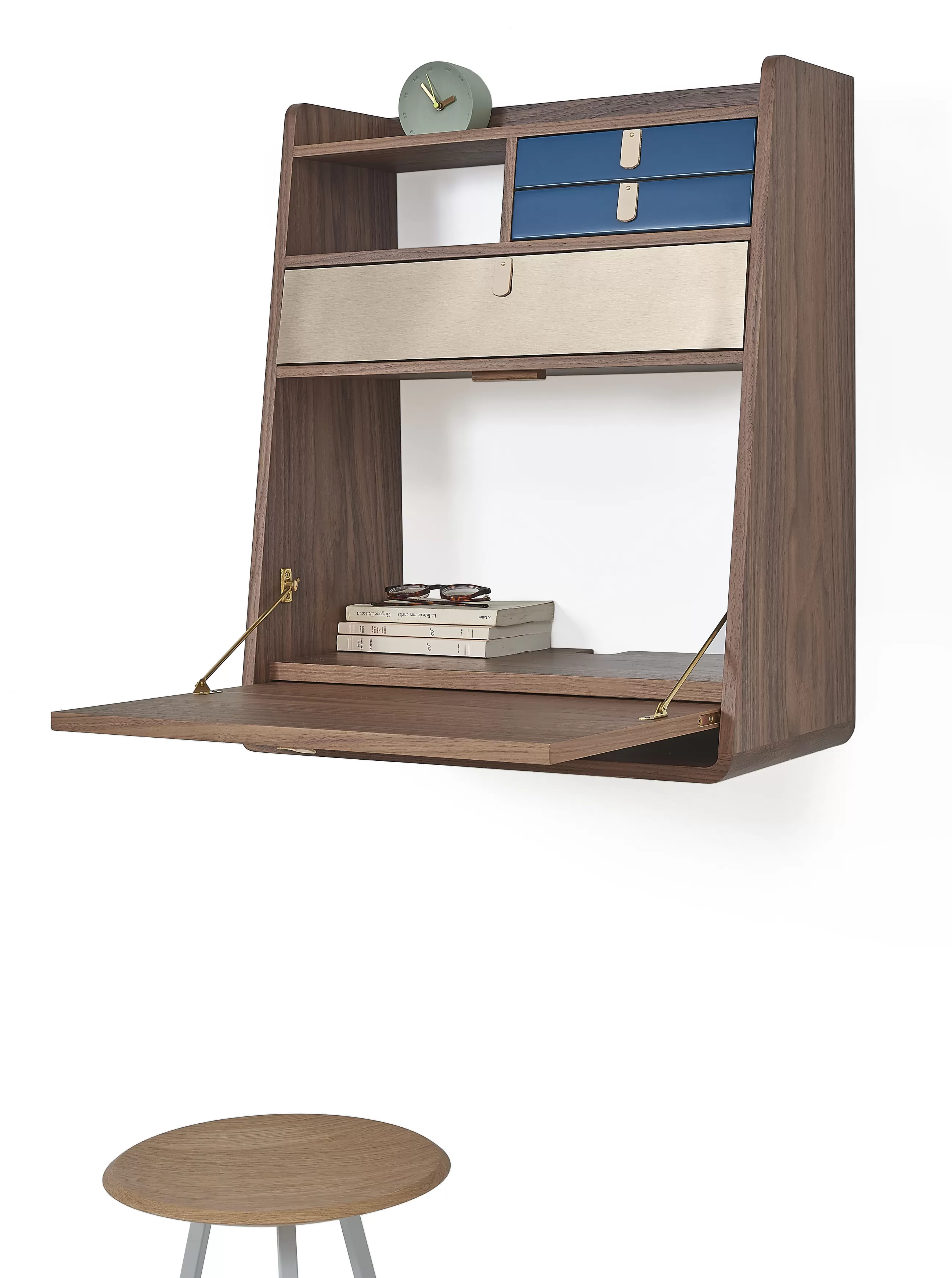Consoles>Harto Secretaire Mural Gaston Bleu Bois Naturel / L 60 X H 72 Cm - Noyer - Bleu Petrole - Laiton Brosse - Noyer