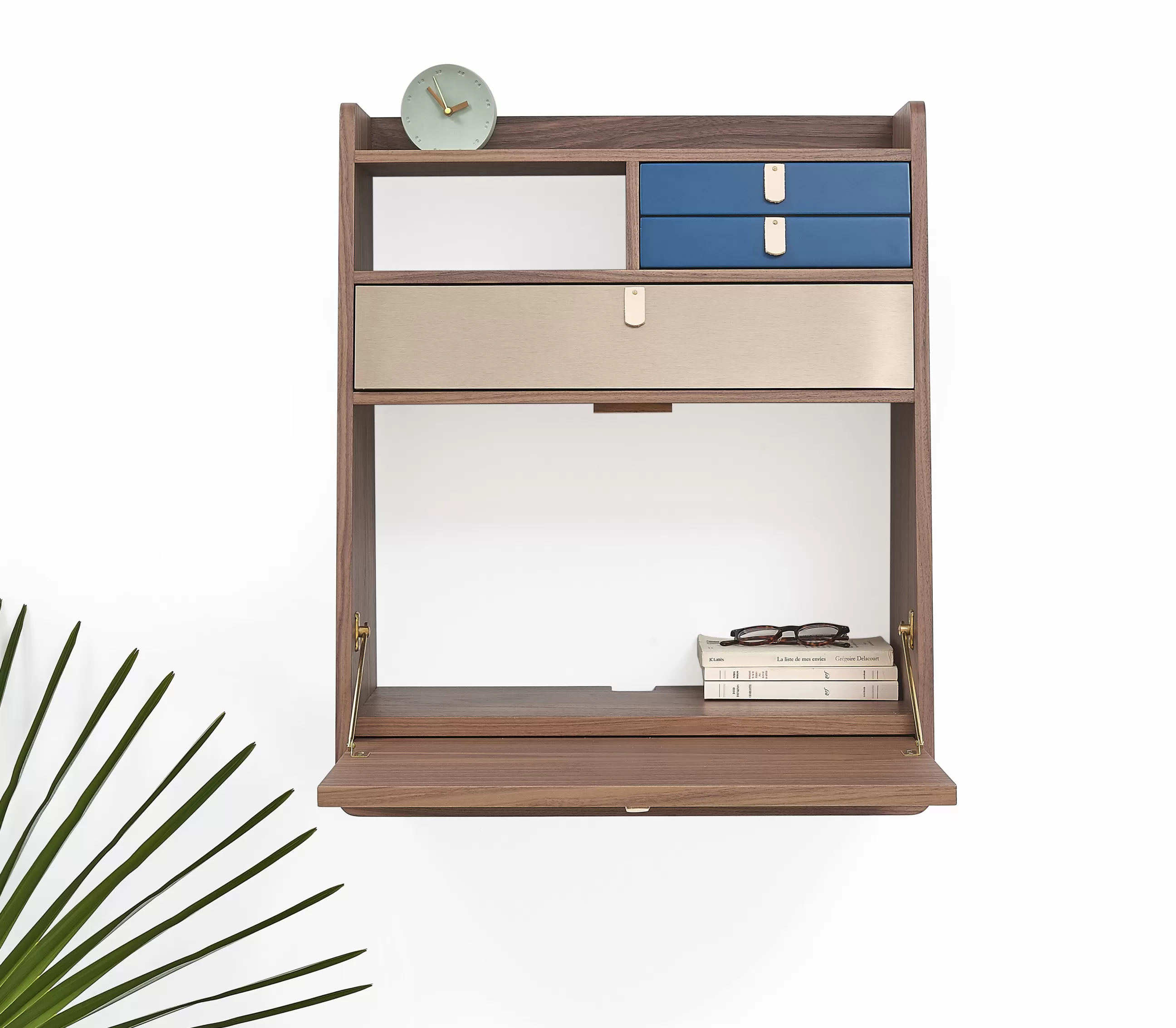 Consoles>Harto Secretaire Mural Gaston Bleu Bois Naturel / L 60 X H 72 Cm - Noyer - Bleu Petrole - Laiton Brosse - Noyer