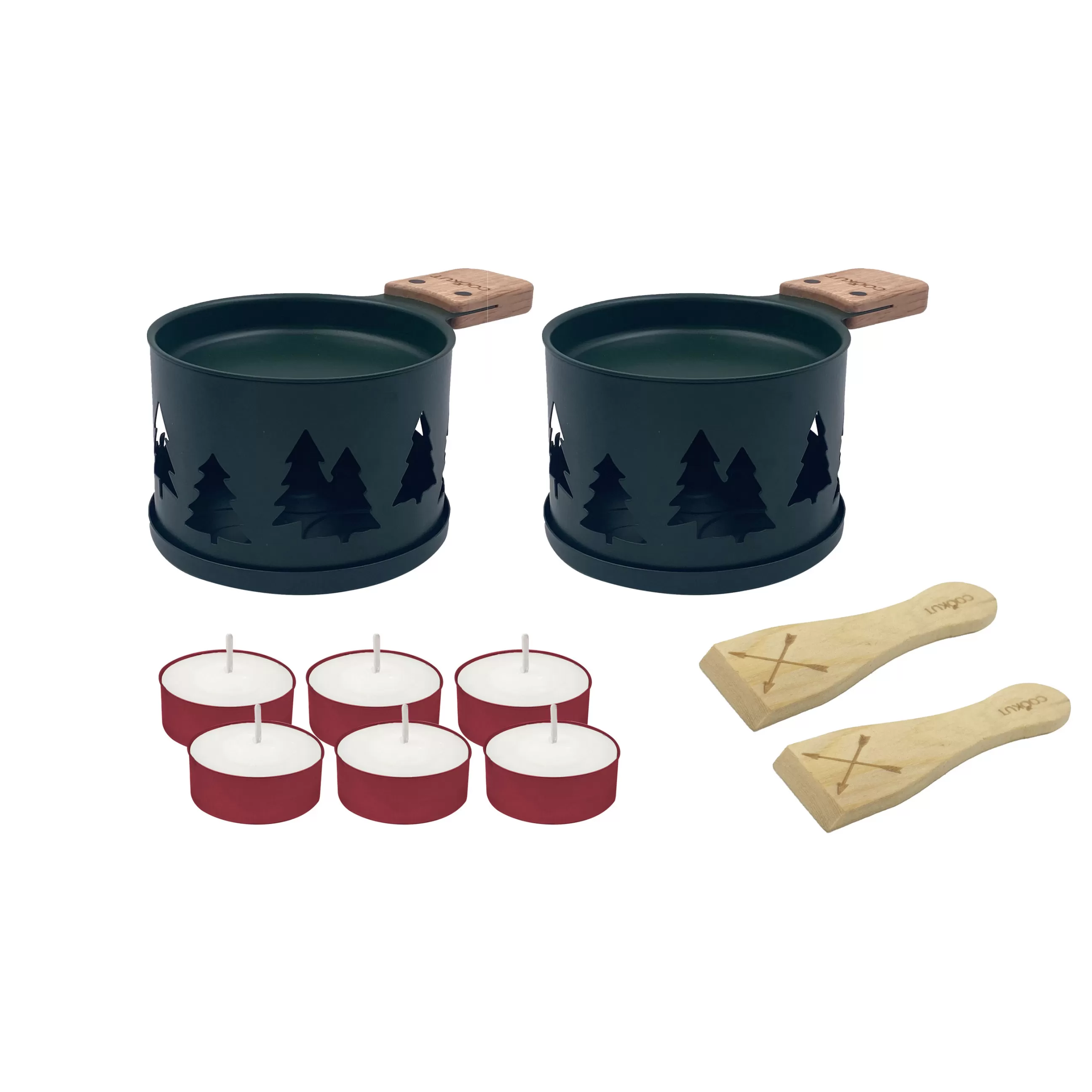 Plats Et Cuisson>Cookut Set Lumi Metal Vert / Pour Raclette A La Bougie - 2 Personnes - Bois Naturel - Vert Fonce